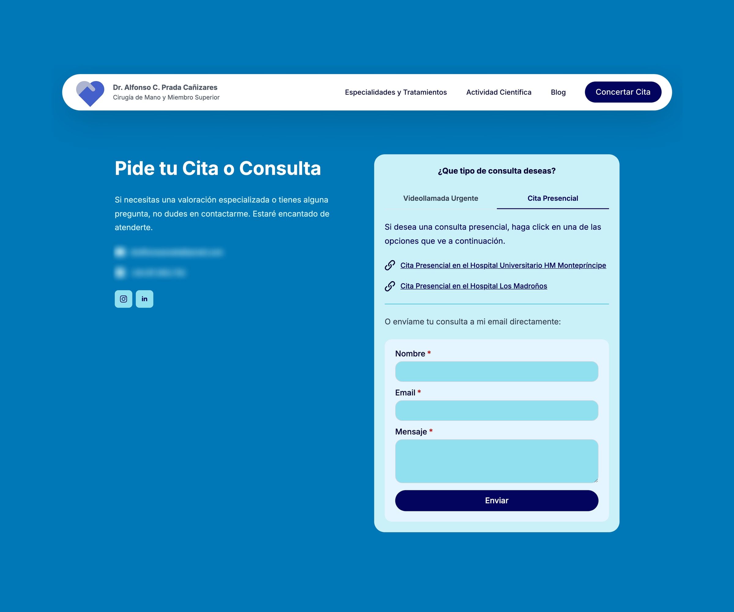 Booking block: the heading «Pide tu cita o consulta» and a card with tabs for urgent video call and in-person visit, links to two hospitals and a contact form.
