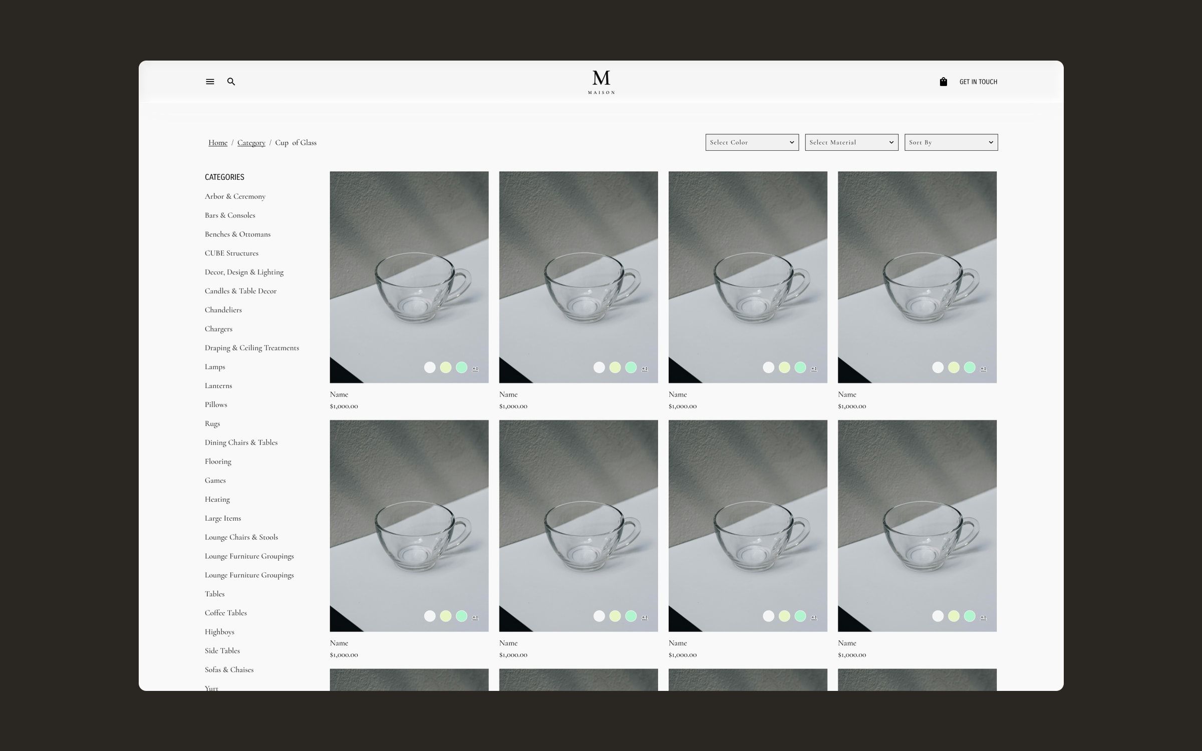 Category listing with the category menu on the left, colour and material filters and a product grid.