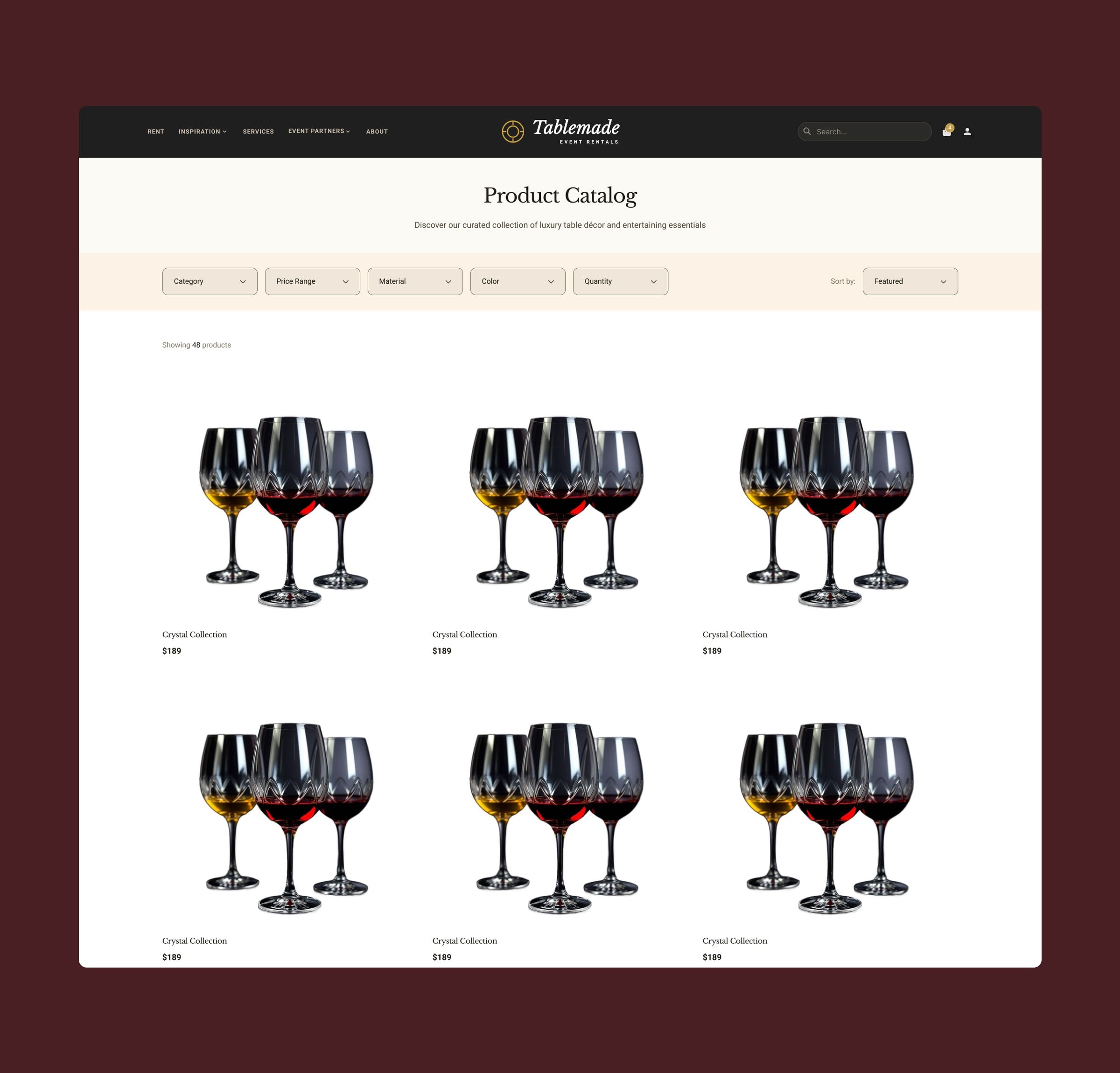 Product catalogue with category, price, material, colour and quantity filters, and a product grid.