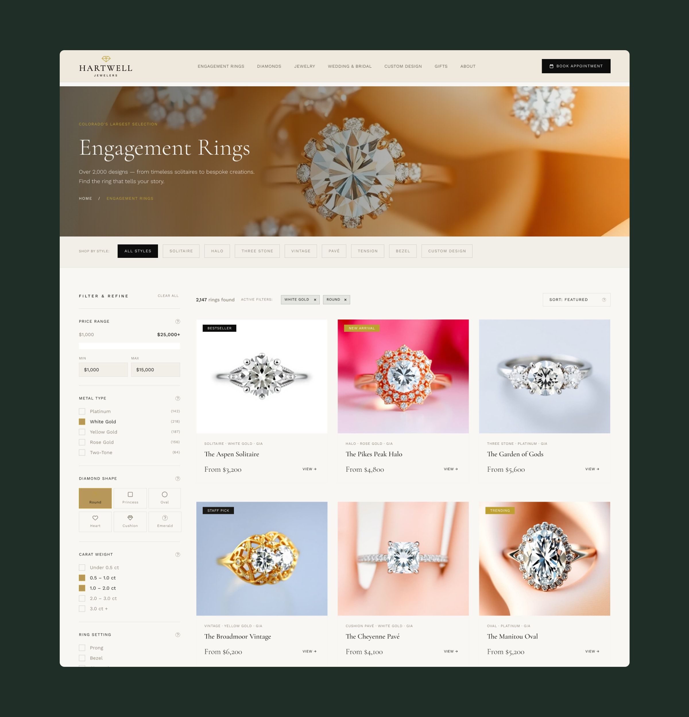 Engagement ring category with style shortcuts, sidebar filters and a product grid.