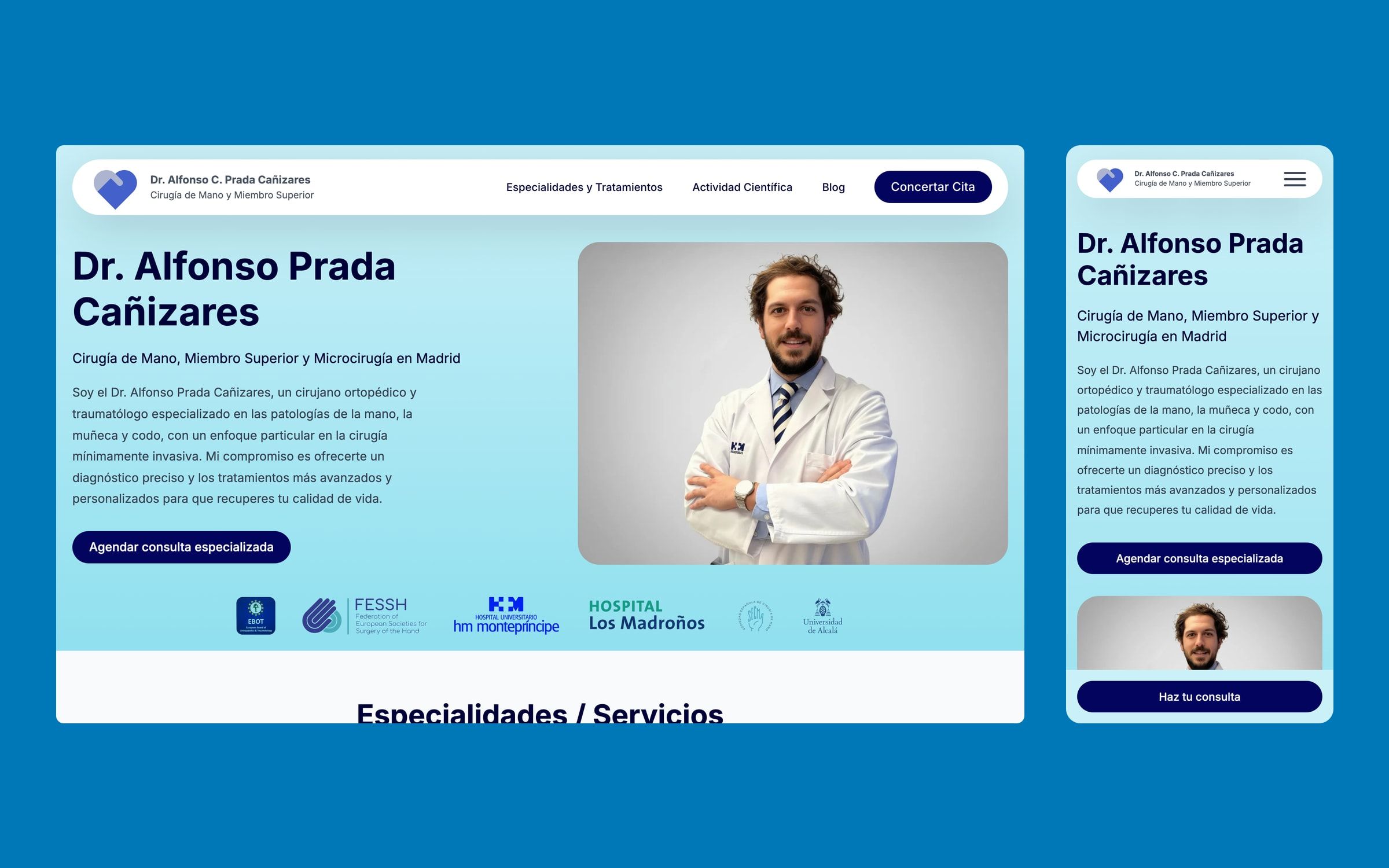 Dr. Alfonso Prada's home page on desktop and mobile: light blue background, portrait of the doctor in a white coat and logos of hospitals and medical societies.