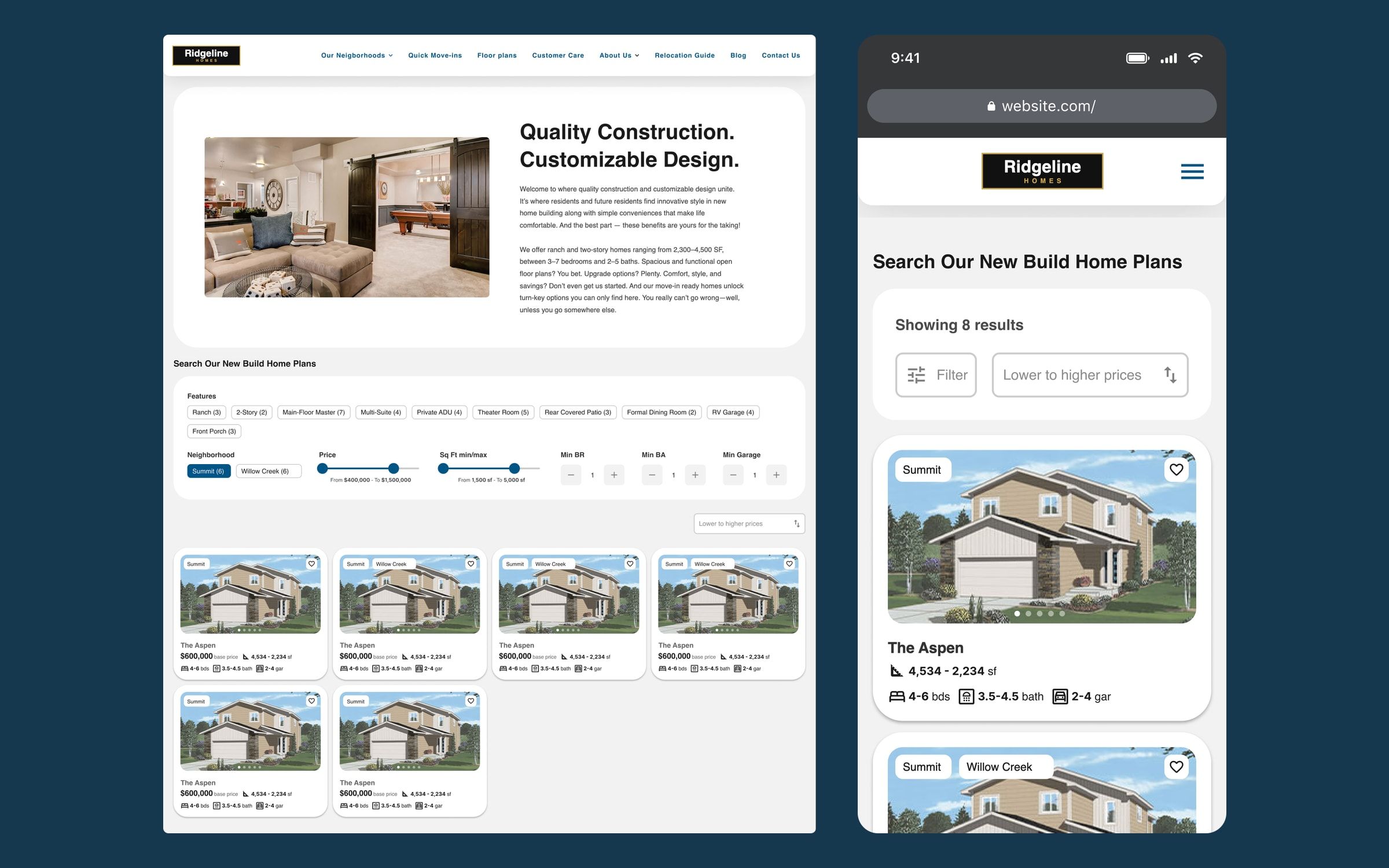Desktop plan search with filters and results, next to the plan listing on mobile.