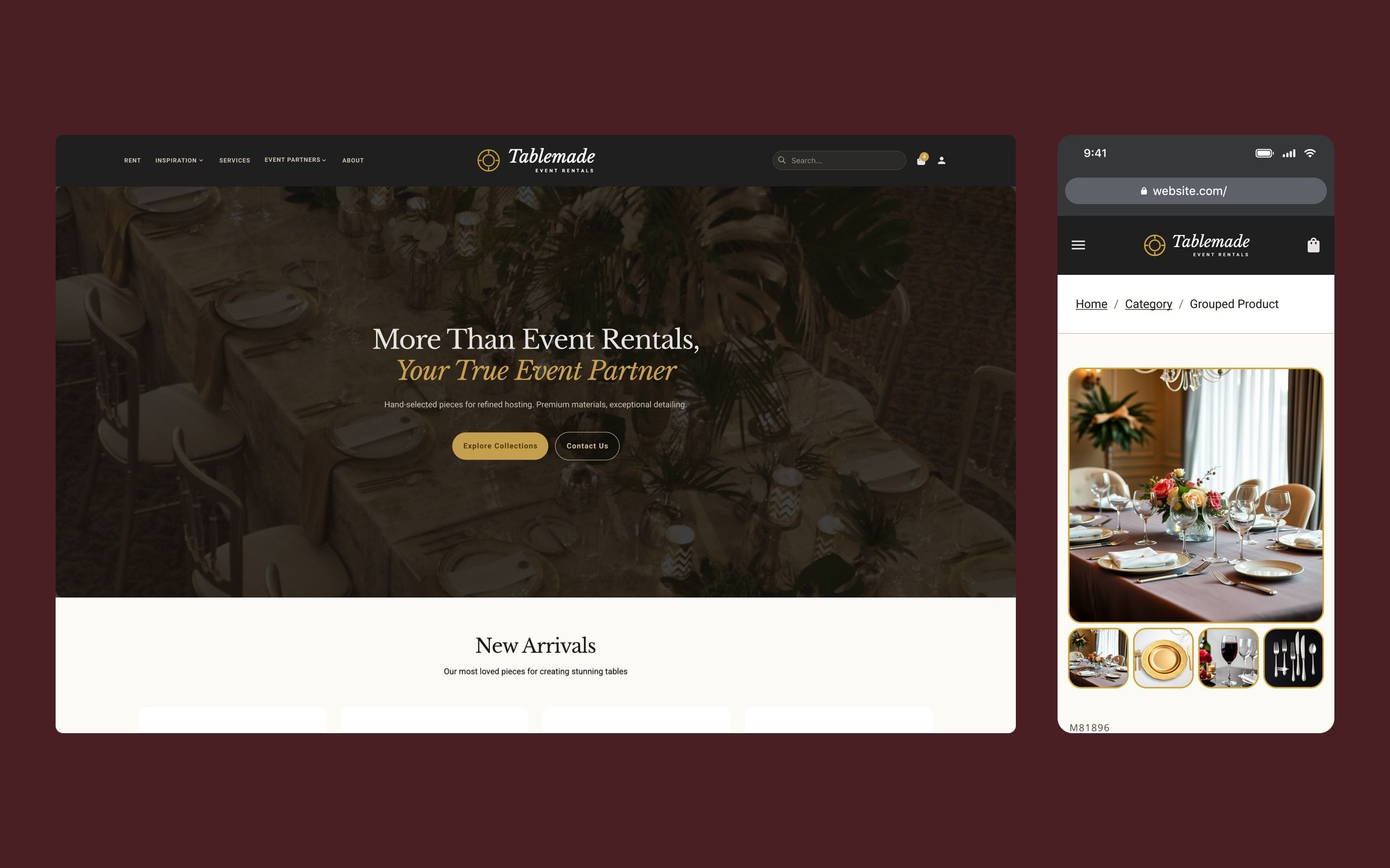 The store's desktop home page, with the headline over an event table, next to the mobile page of a dinner bundle.