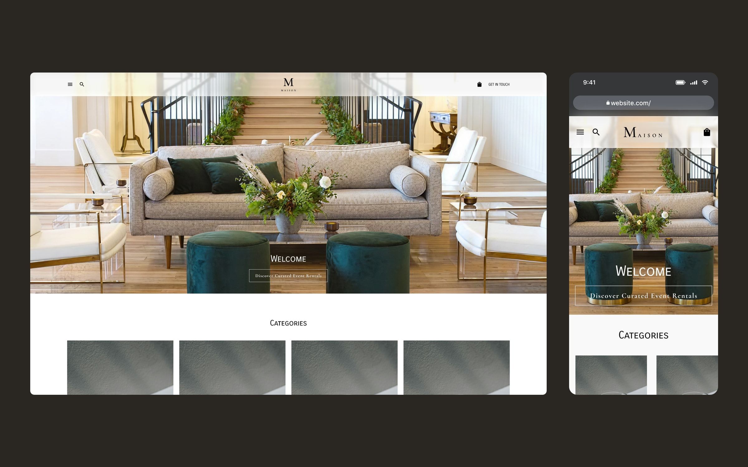 Store home page on desktop and mobile: photo of an event lounge with a sofa, armchairs and velvet poufs, with the category entry points below.