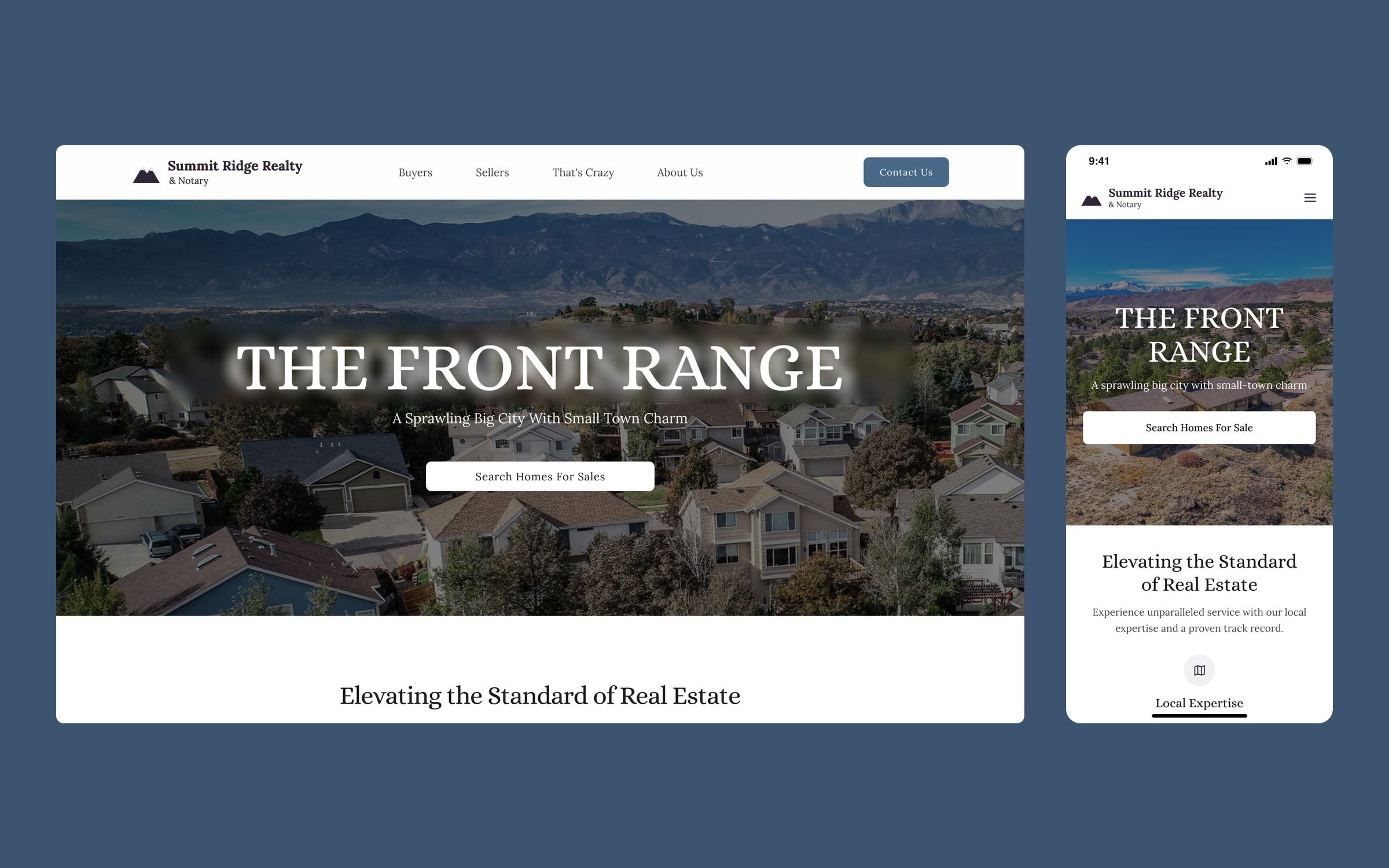 The agency's home page on desktop and mobile: an aerial view of a city with mountains behind it and the home search button.