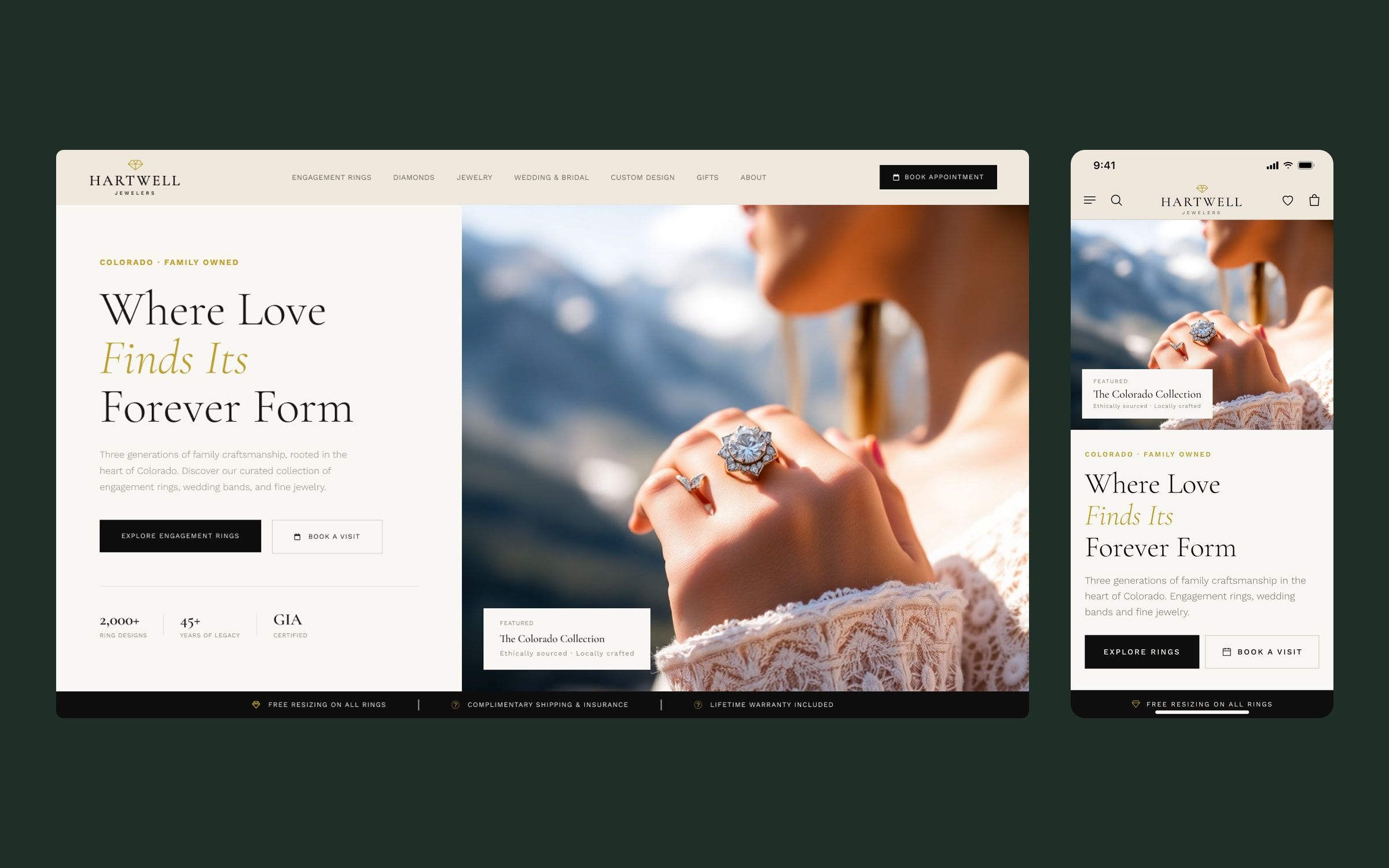The jeweler's home page on desktop and mobile: the headline “Where Love Finds Its Forever Form” next to a photo of a hand wearing an engagement ring against the mountains.