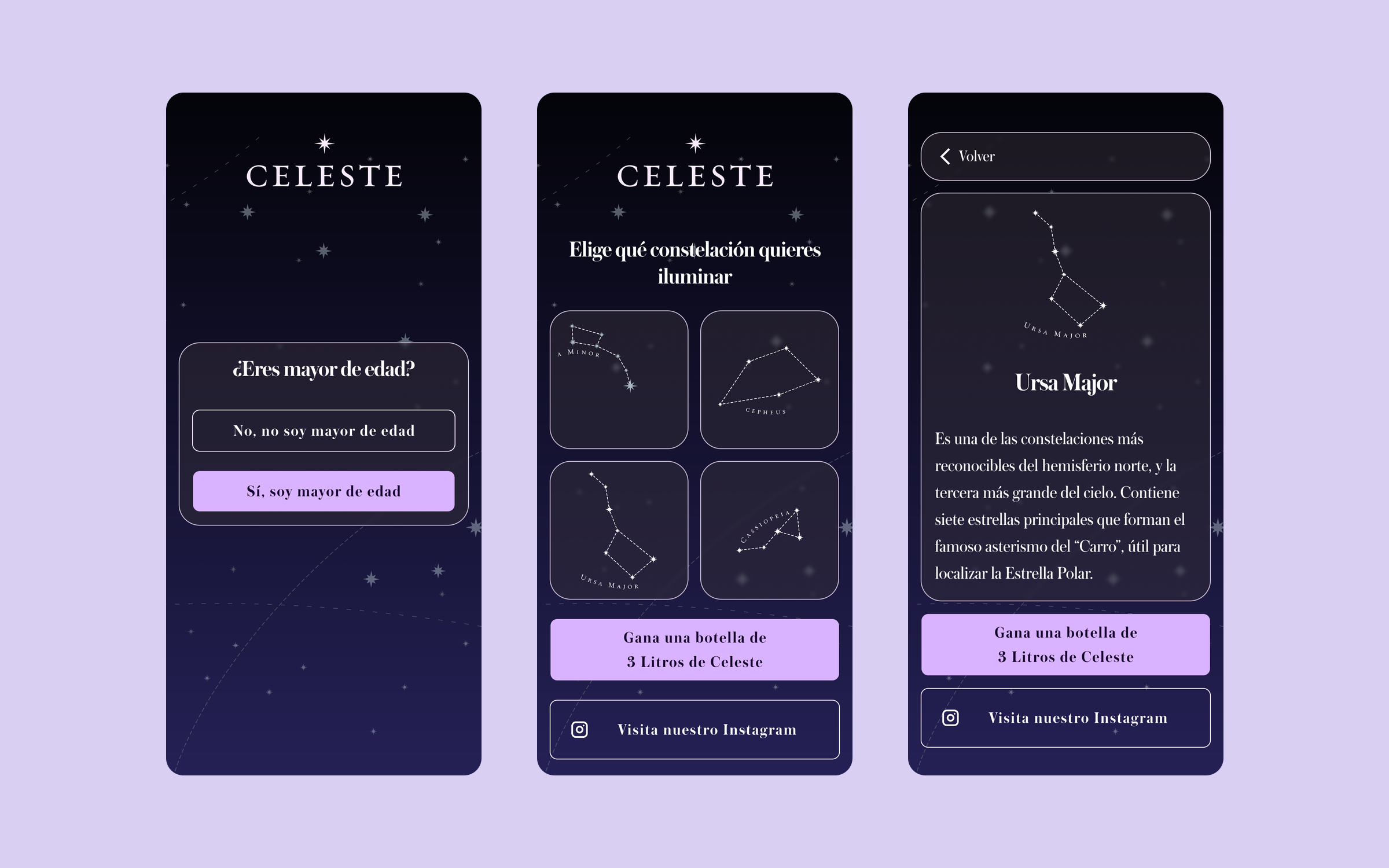 Three screens of the Celeste web app: age check, constellation picker and the Ursa Major page, on a lilac background.