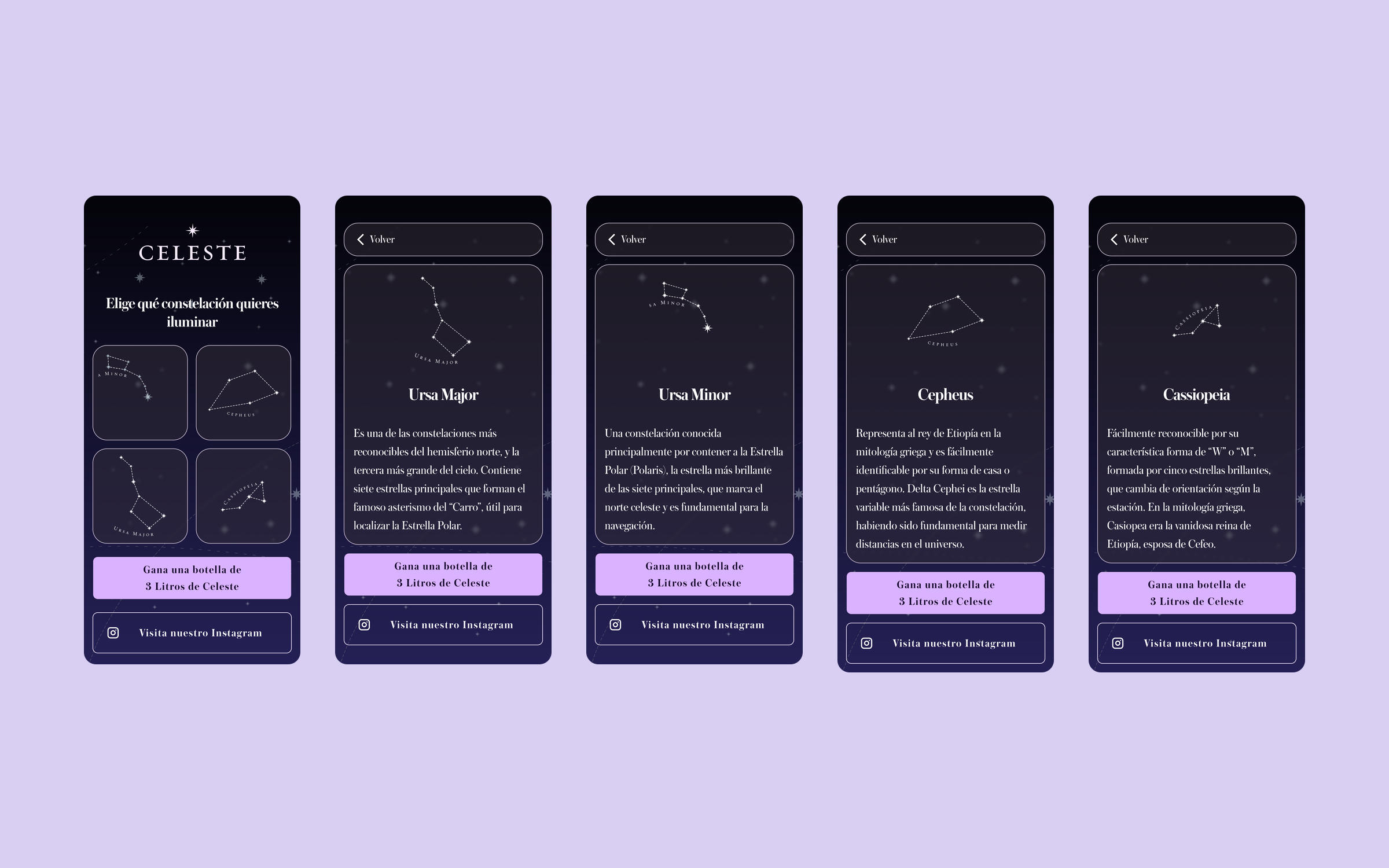 Five screens of the web app: constellation picker and the pages for Ursa Major, Ursa Minor, Cepheus and Cassiopeia.