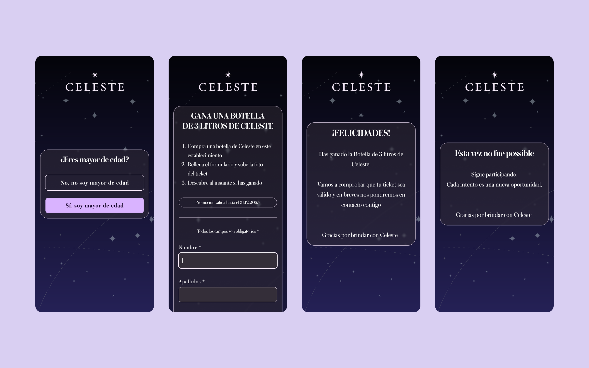 Giveaway flow: age check, entry form, winner screen and no-prize screen.