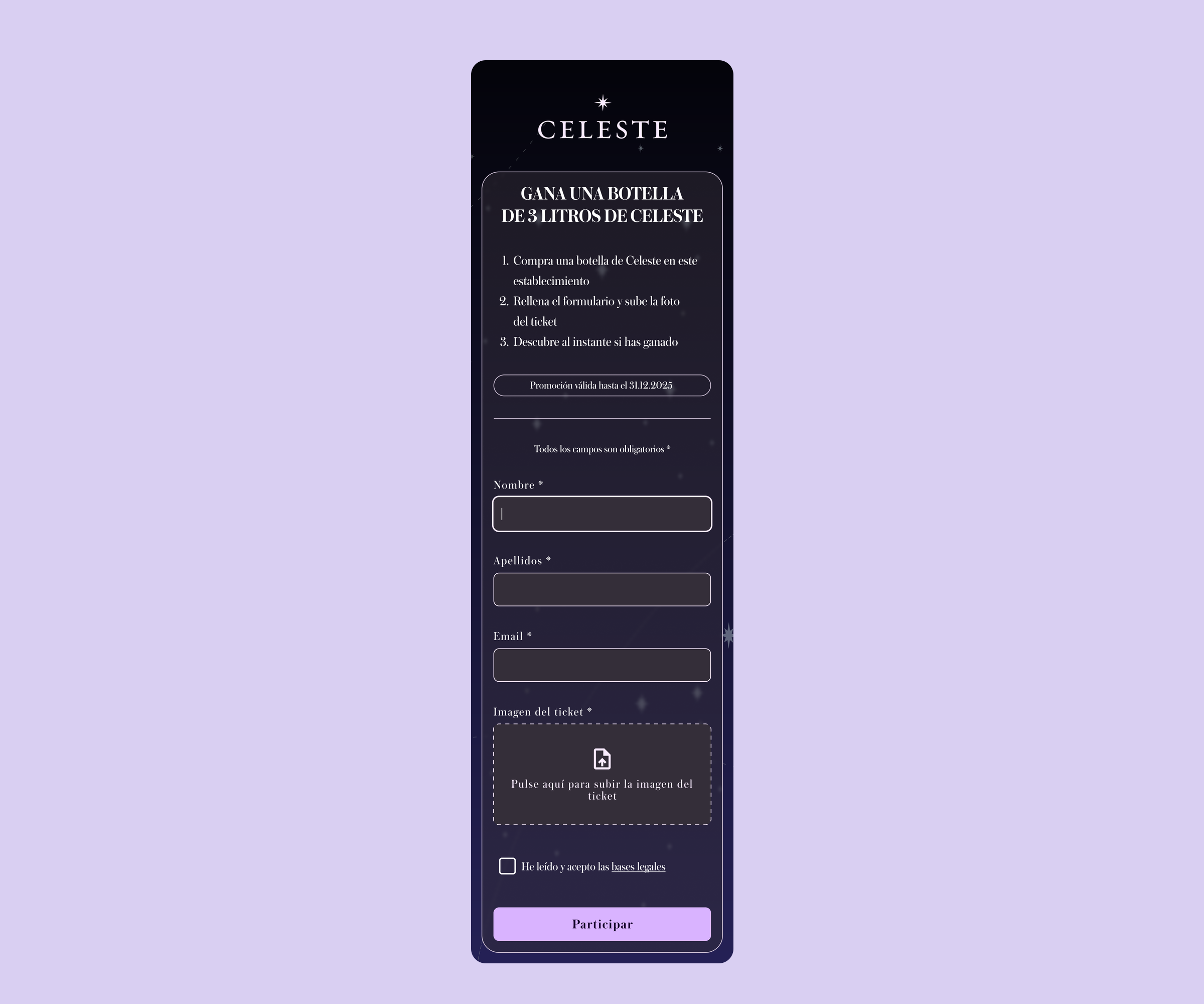 Full entry form with first name, surname, email, receipt upload and acceptance of the terms.