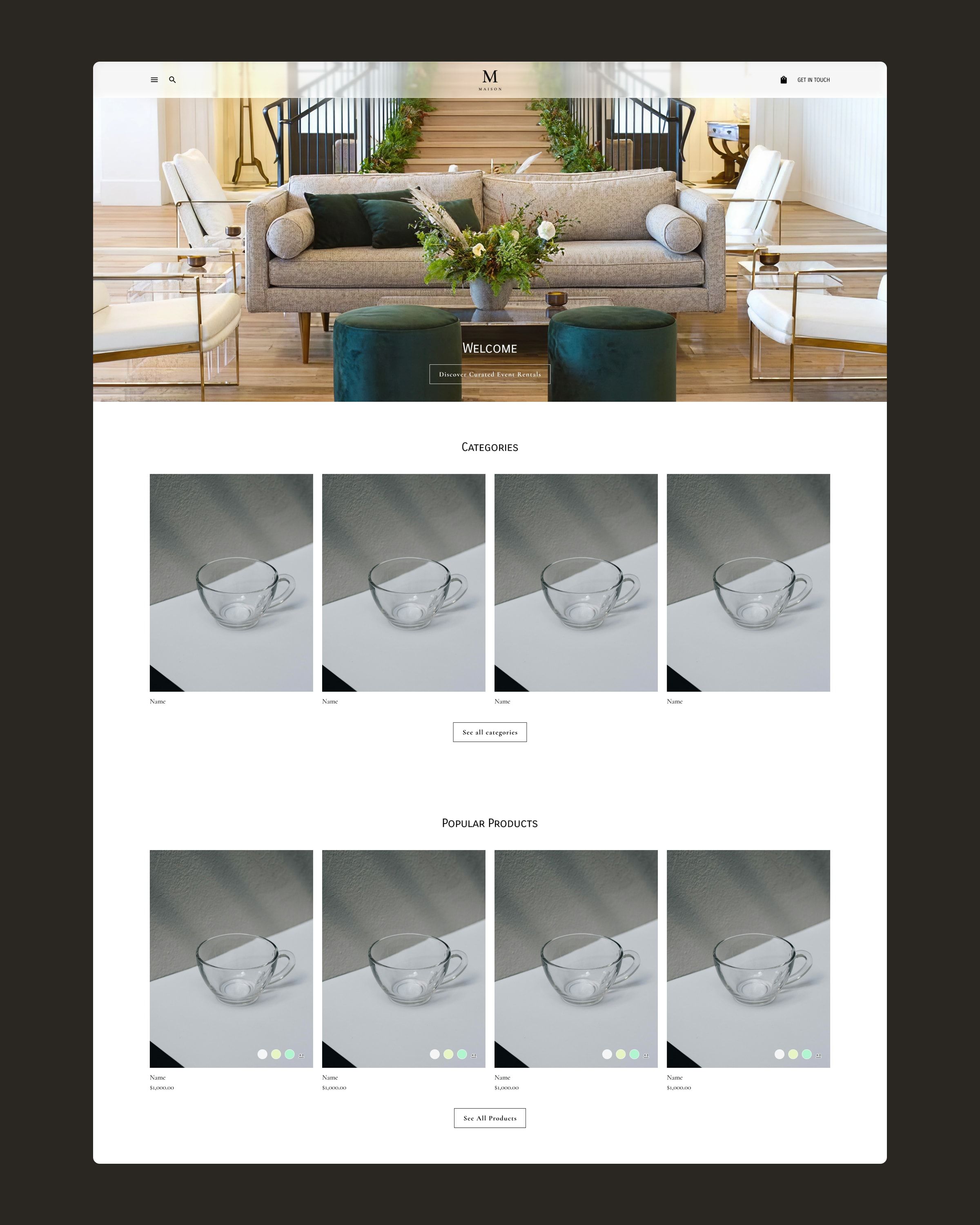 Full home page: photo of an event lounge, categories and popular products.