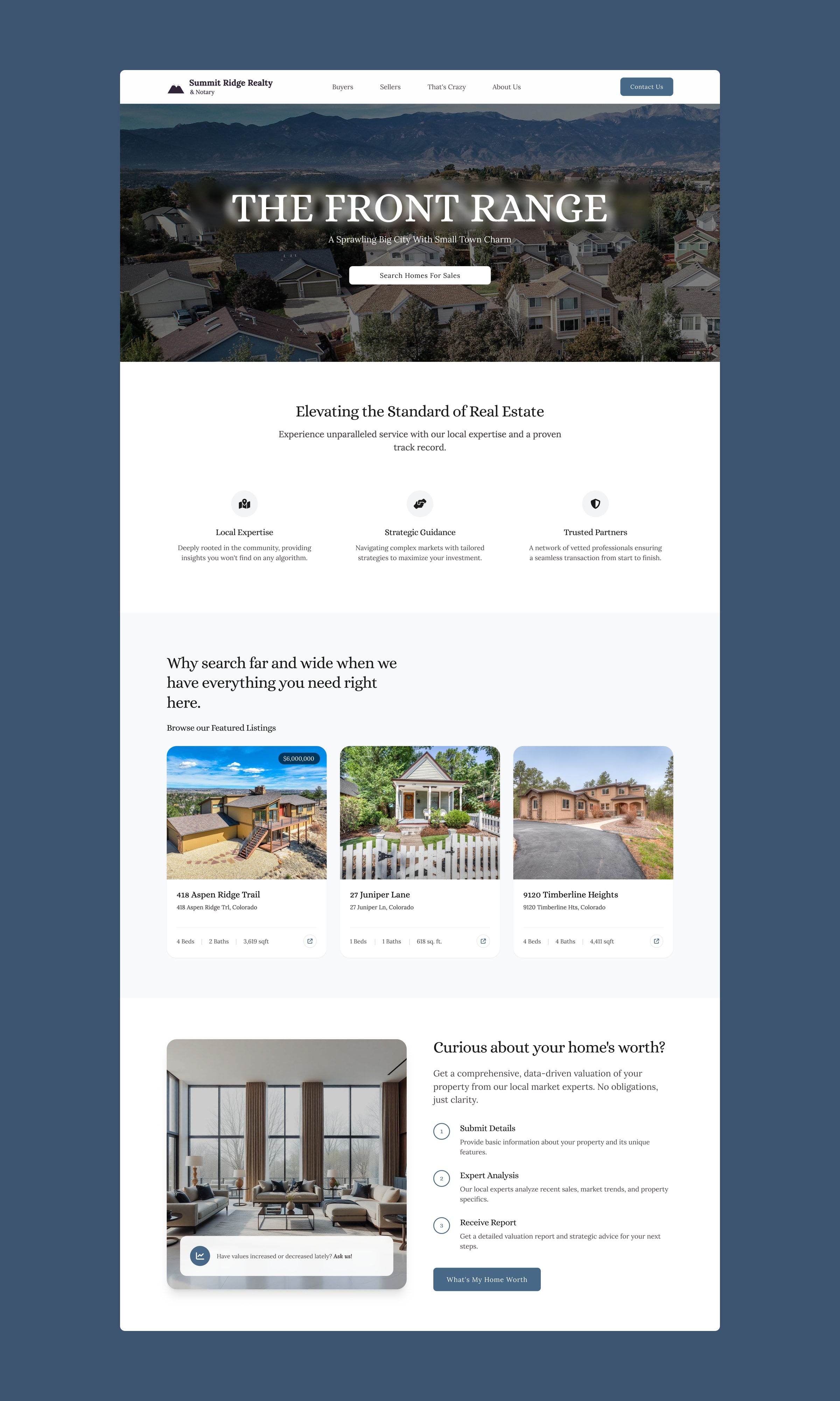 Desktop home page: headline over an aerial view with mountains, value proposition, featured homes and a home valuation block.