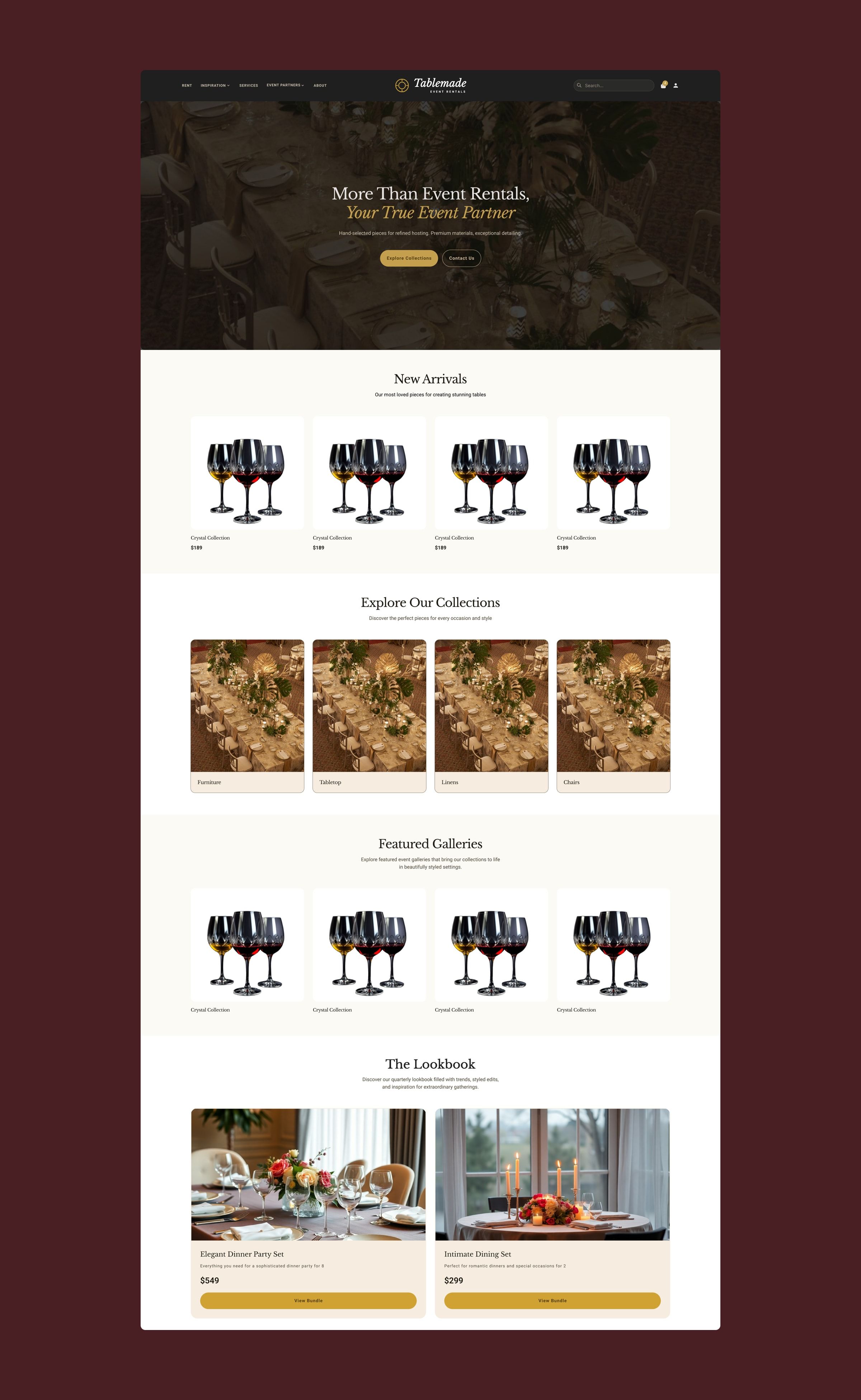 Desktop home page: headline over an event table, new arrivals, collections, featured galleries and a lookbook with bundles.
