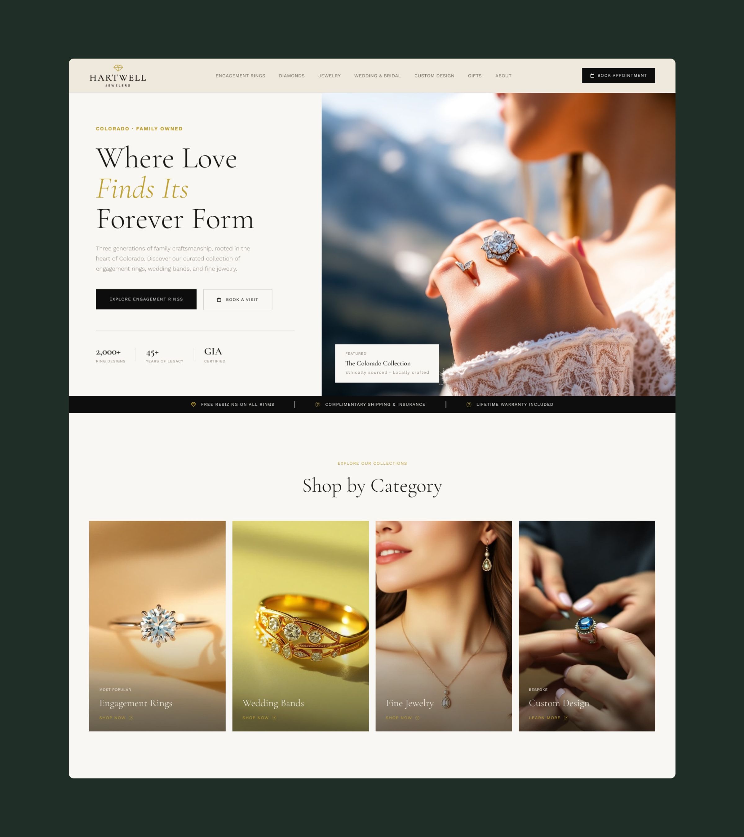 Desktop home page: a headline about the family story, a photo of a ring against the mountains, shopping perks and entry to the four categories.