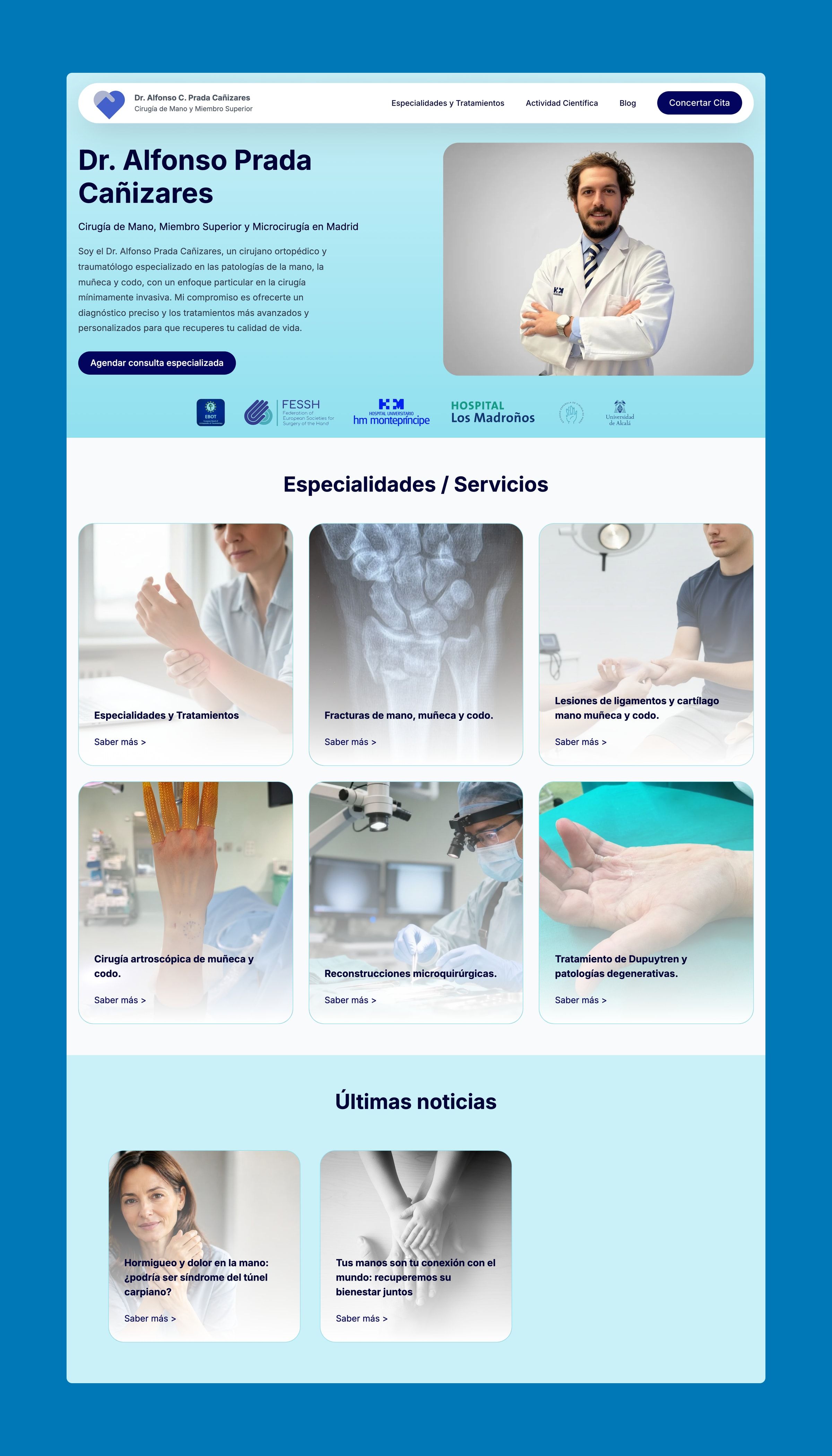 Home page on desktop: introduction of the doctor with a portrait, logos of hospitals and medical societies, a grid of six specialties and the latest blog posts.