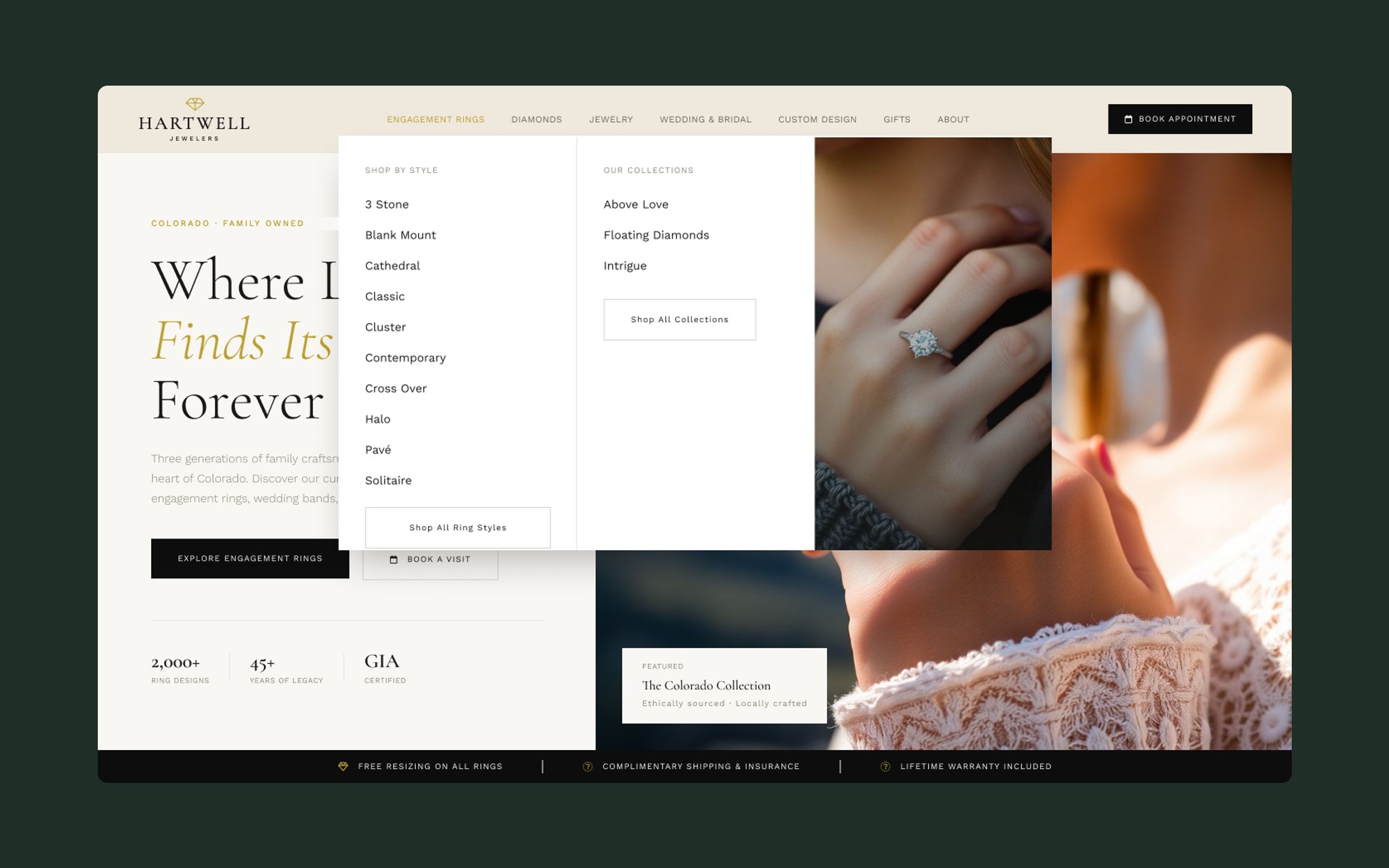 Engagement ring mega menu with styles, collections and a photo.