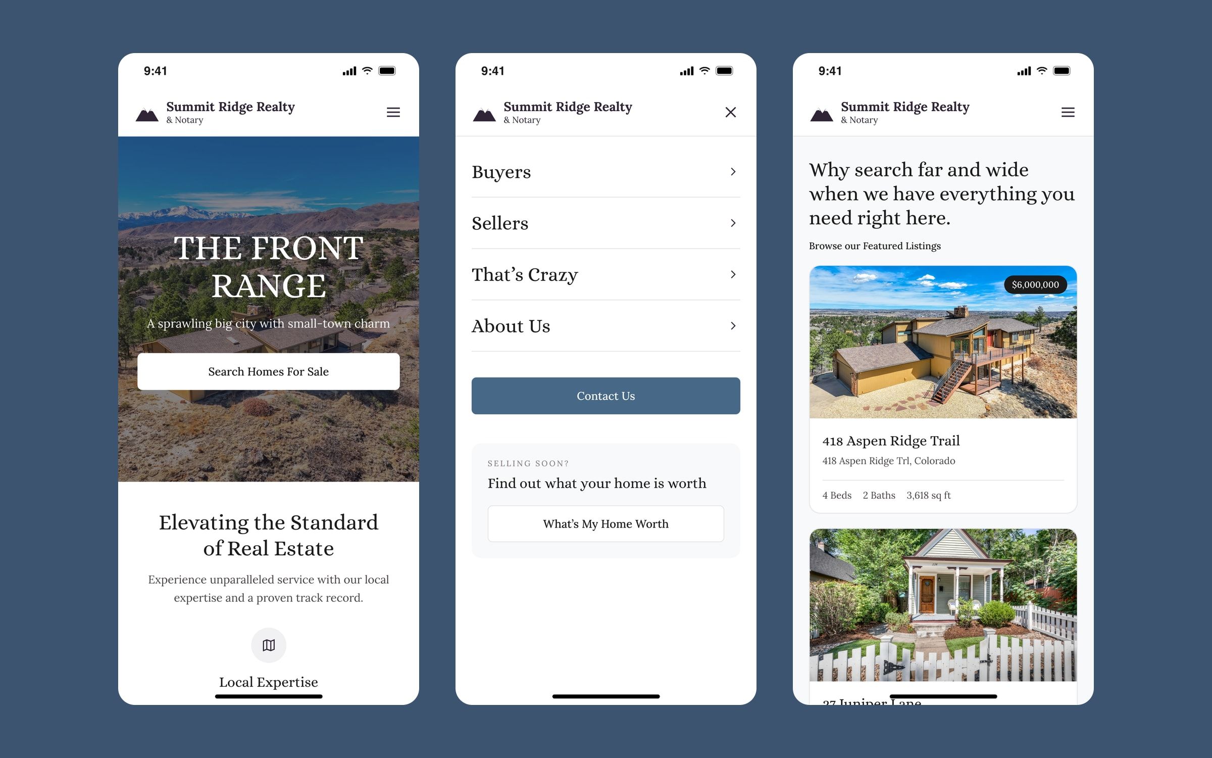 Three mobile screens: home, full-screen menu and featured homes.