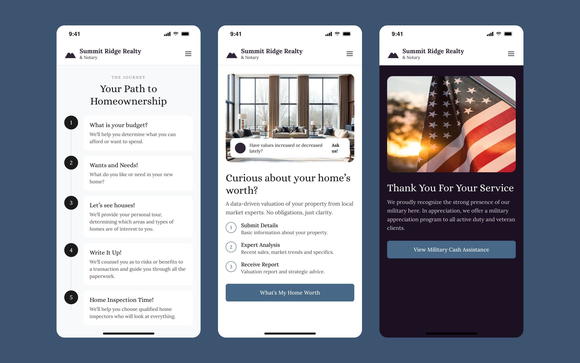 Three mobile screens: the buyer journey in steps, home valuation and the military program.