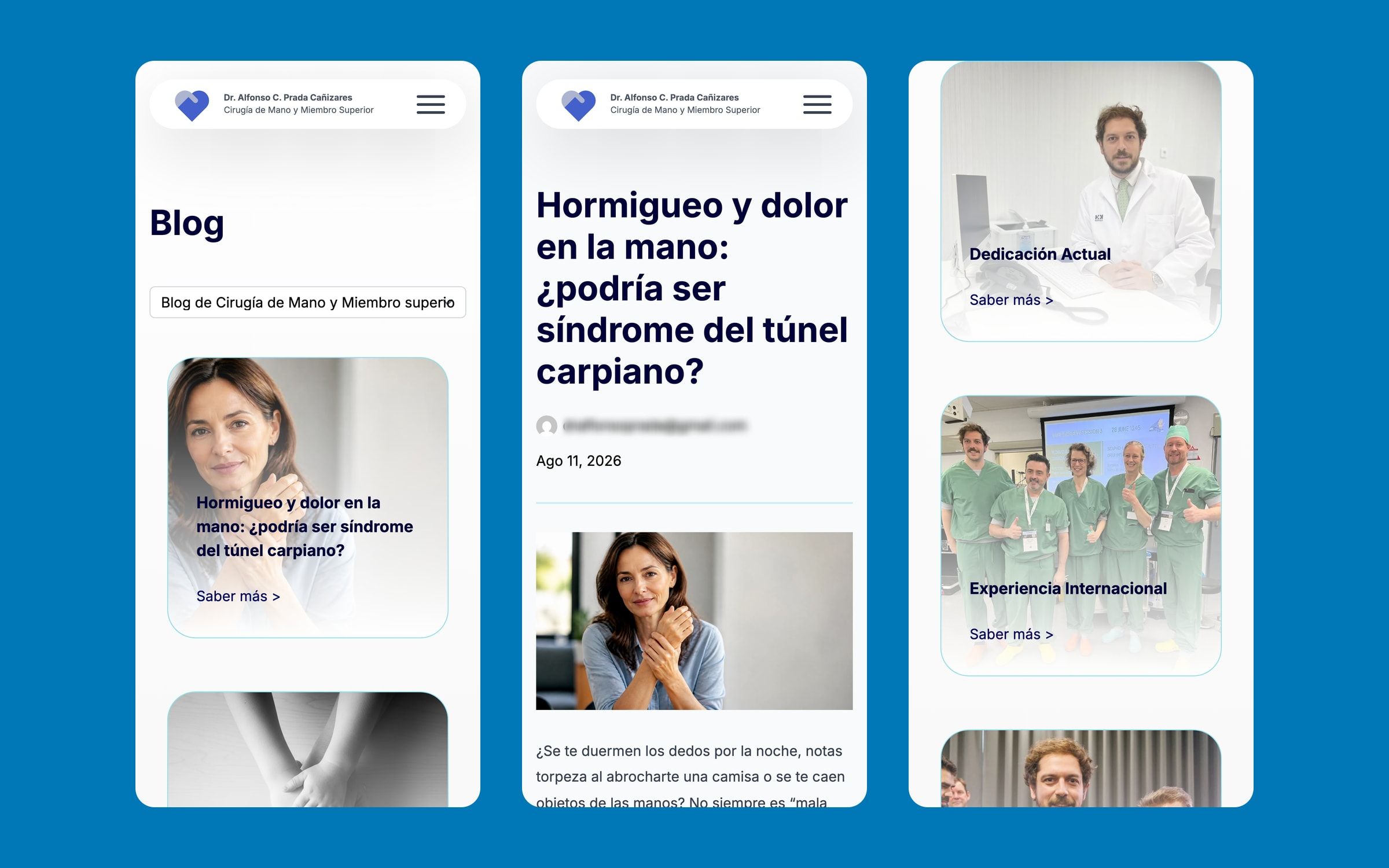 Three mobile screens: blog listing, an article about carpal tunnel syndrome and scientific activity cards.