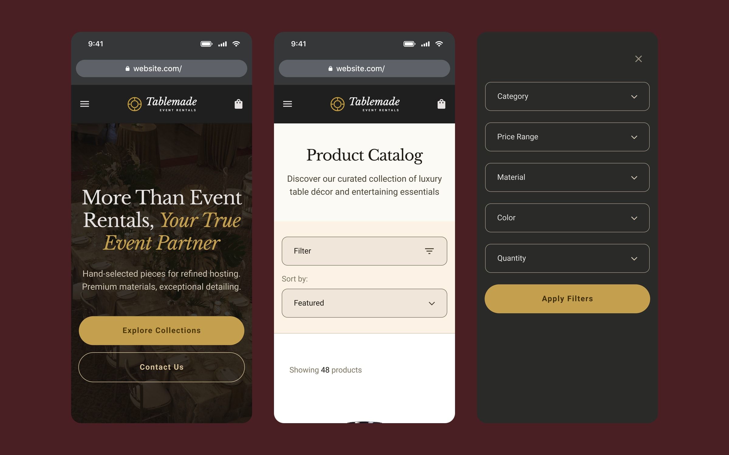 Three mobile screens: home, catalogue with filter and sort, and the filter panel.