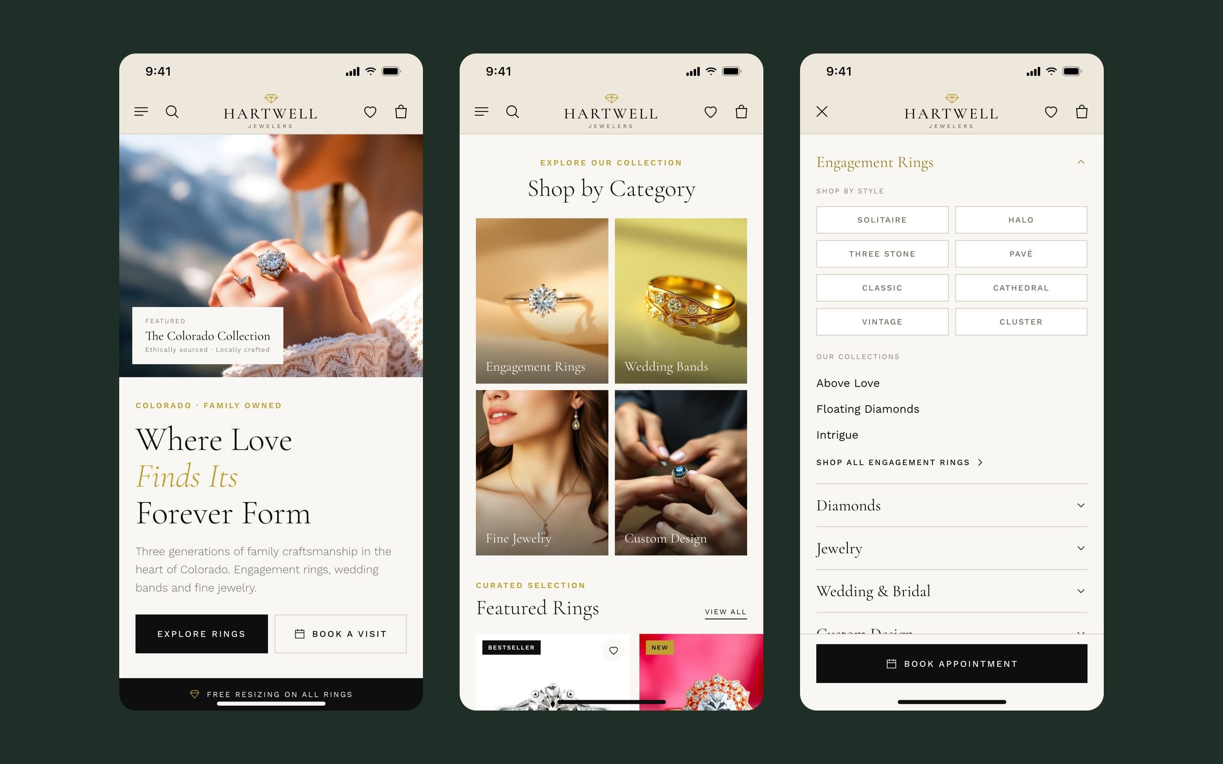 Three mobile screens: home, categories with featured rings and the open menu.