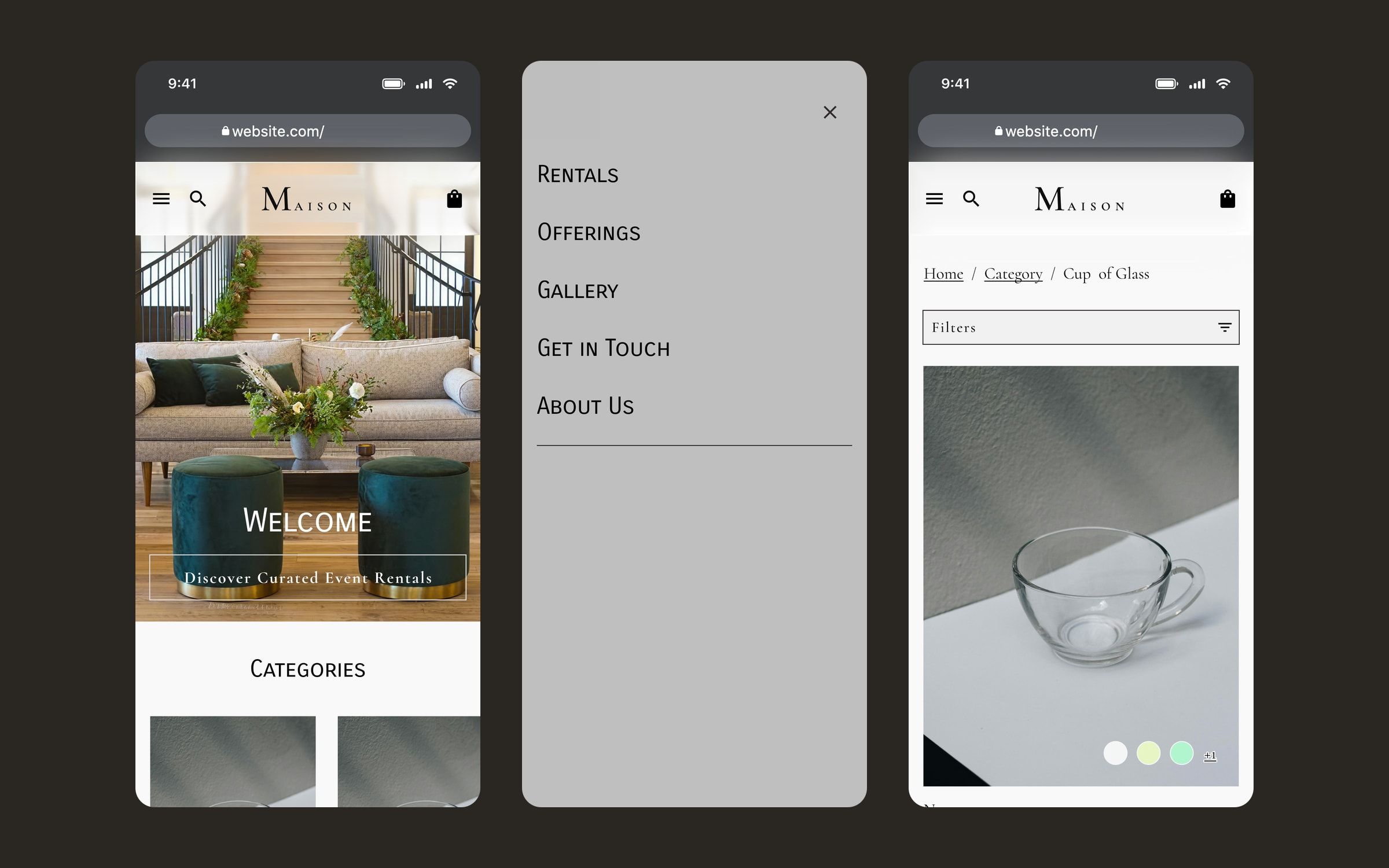 Three mobile screens: home with the event photo, full-screen menu and a category listing.