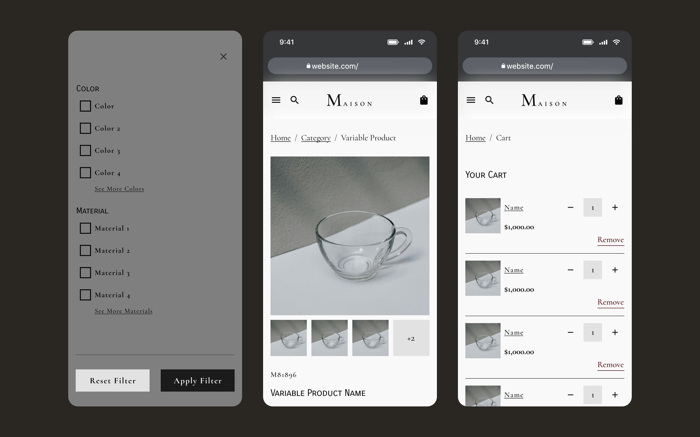 Three mobile screens: colour and material filter panel, product page with variants and cart.