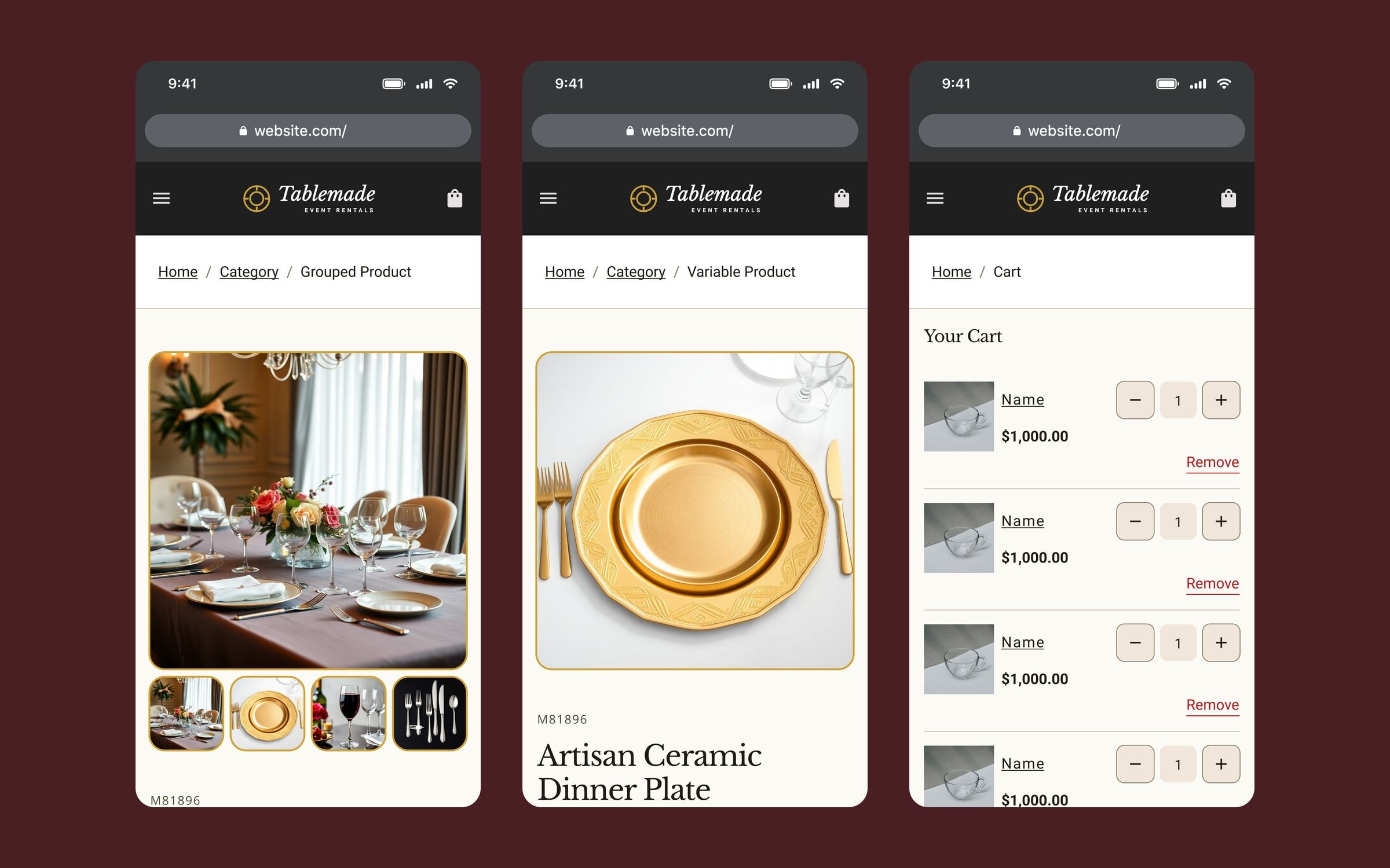 Three mobile screens: bundle page, product page with variants and cart.