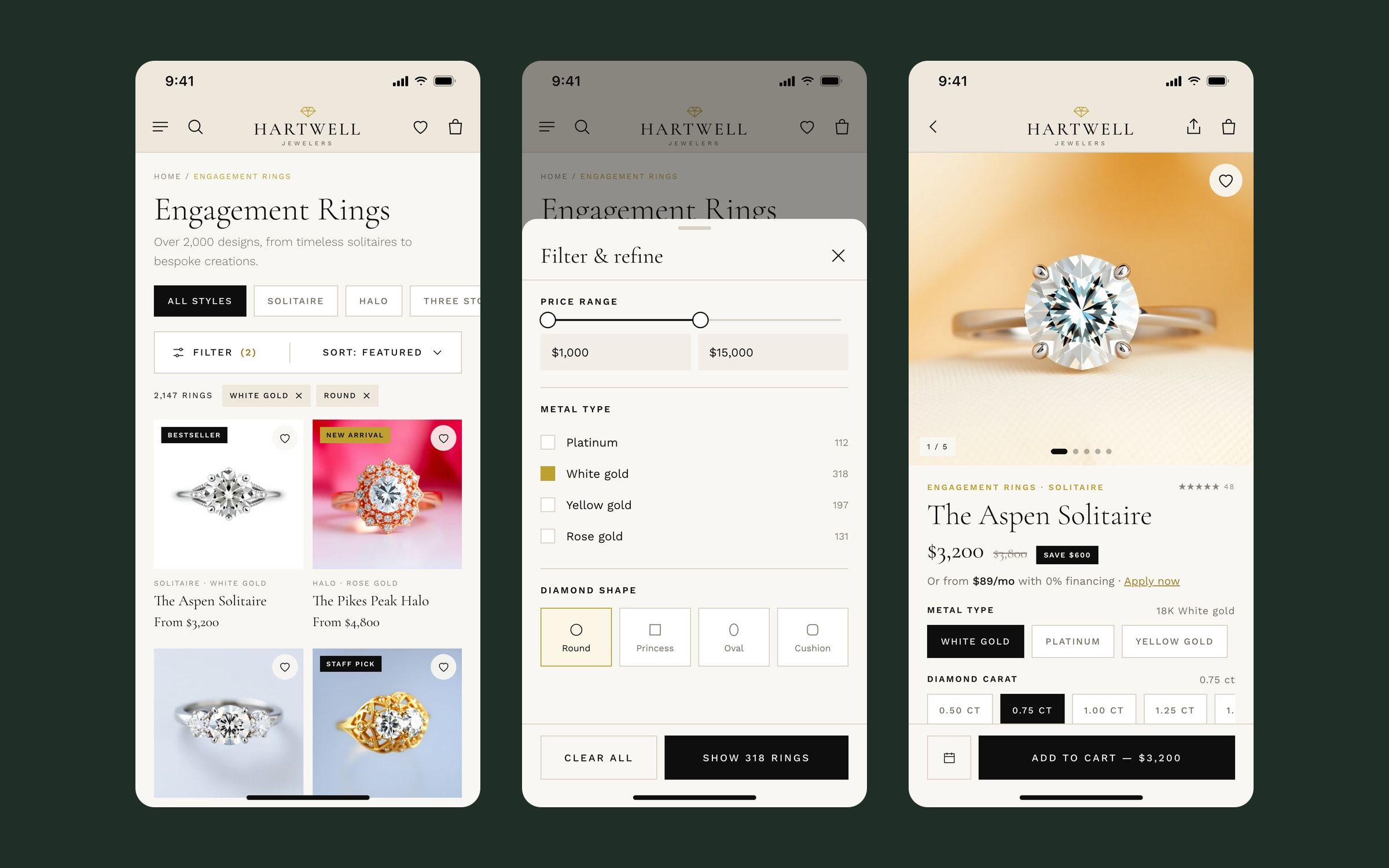 Three mobile screens: ring listing, filters in a bottom sheet and product page.