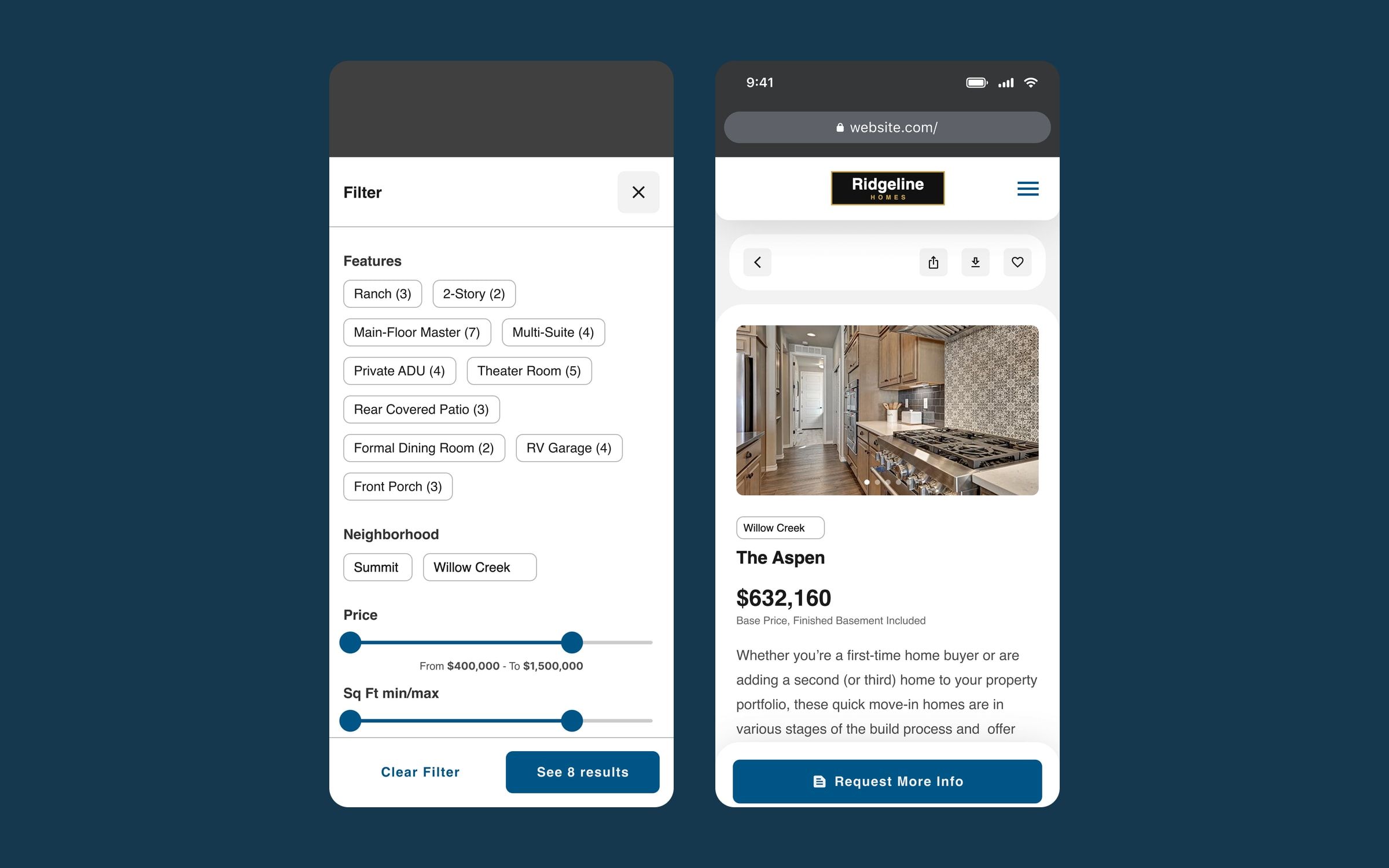 Two mobile screens: filter panel for features, neighbourhood, price and square footage, and a plan page.