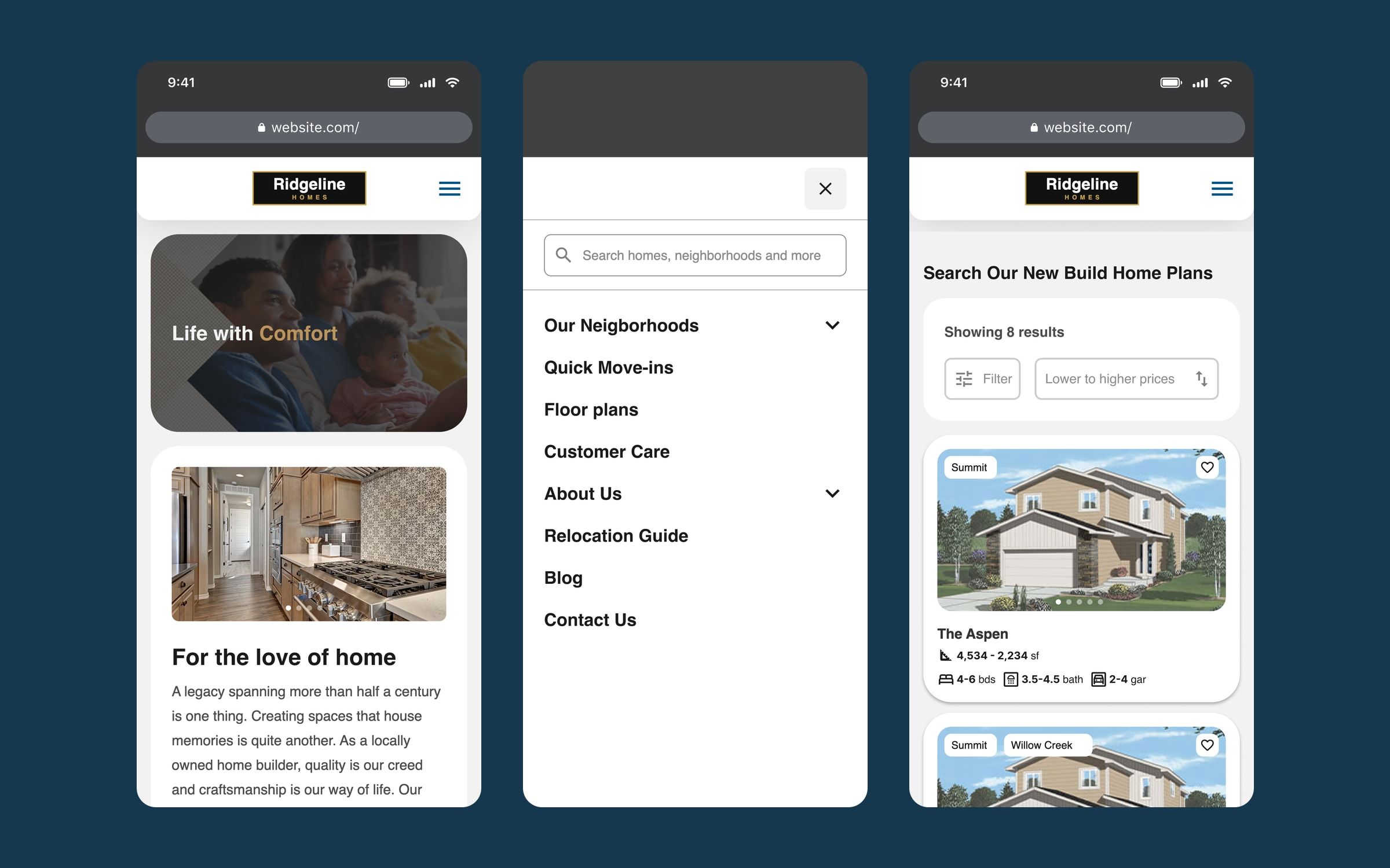 Three mobile screens: home, menu with search and a plan listing with filter and sort.