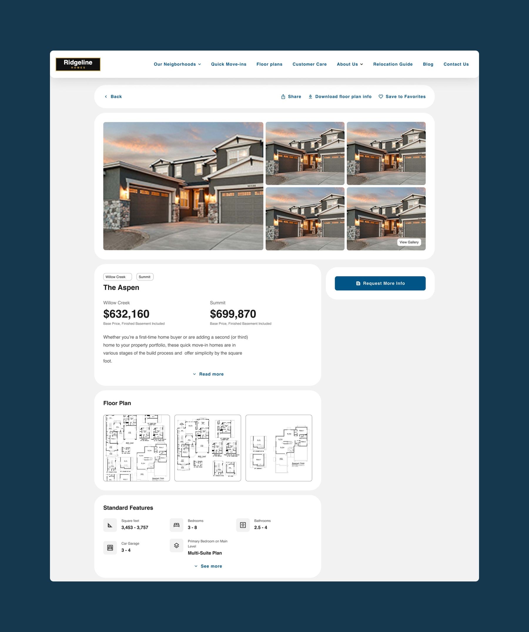 Home plan page with a gallery, base price per neighbourhood, floor plans and standard features.