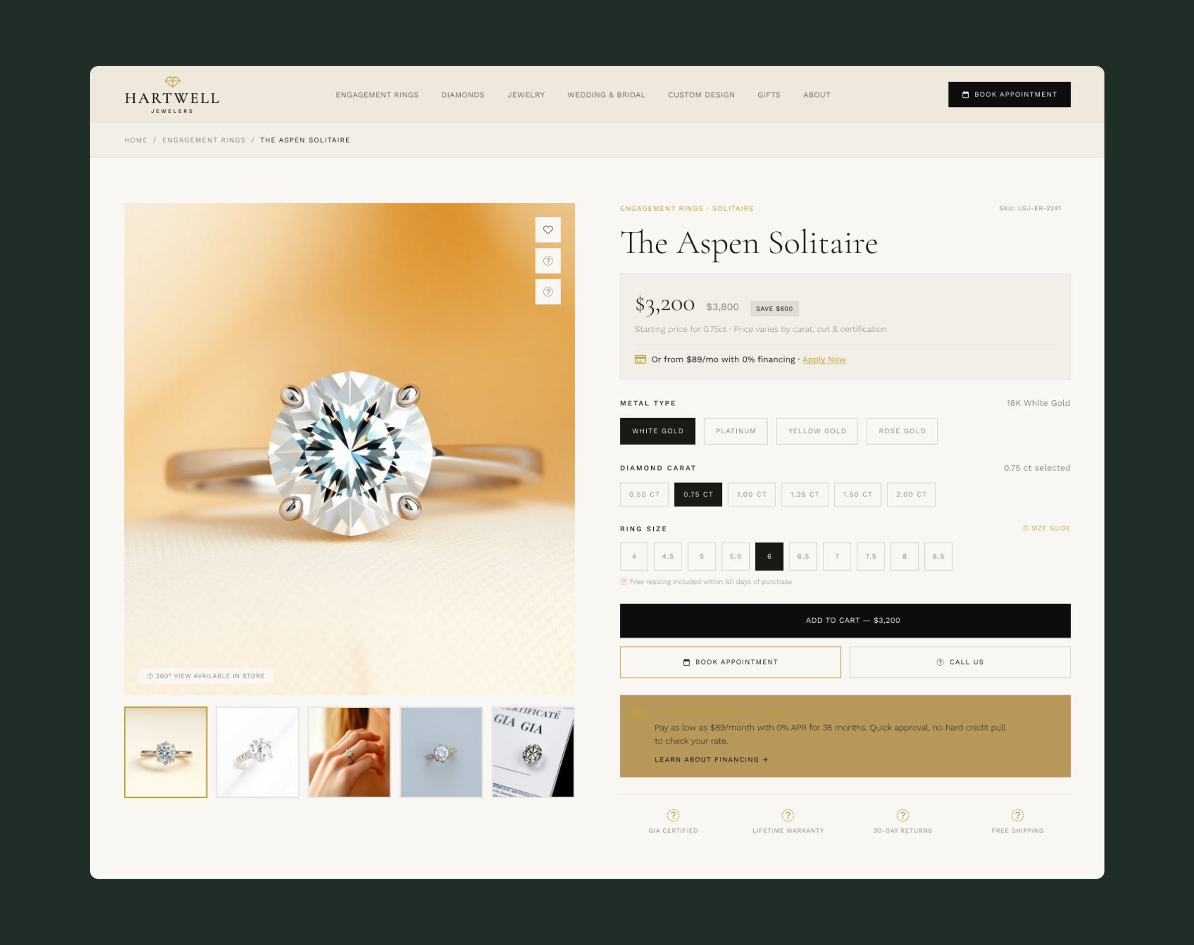 Solitaire product page with gallery, price, financing, metal, carat and size selection, and buy and appointment buttons.