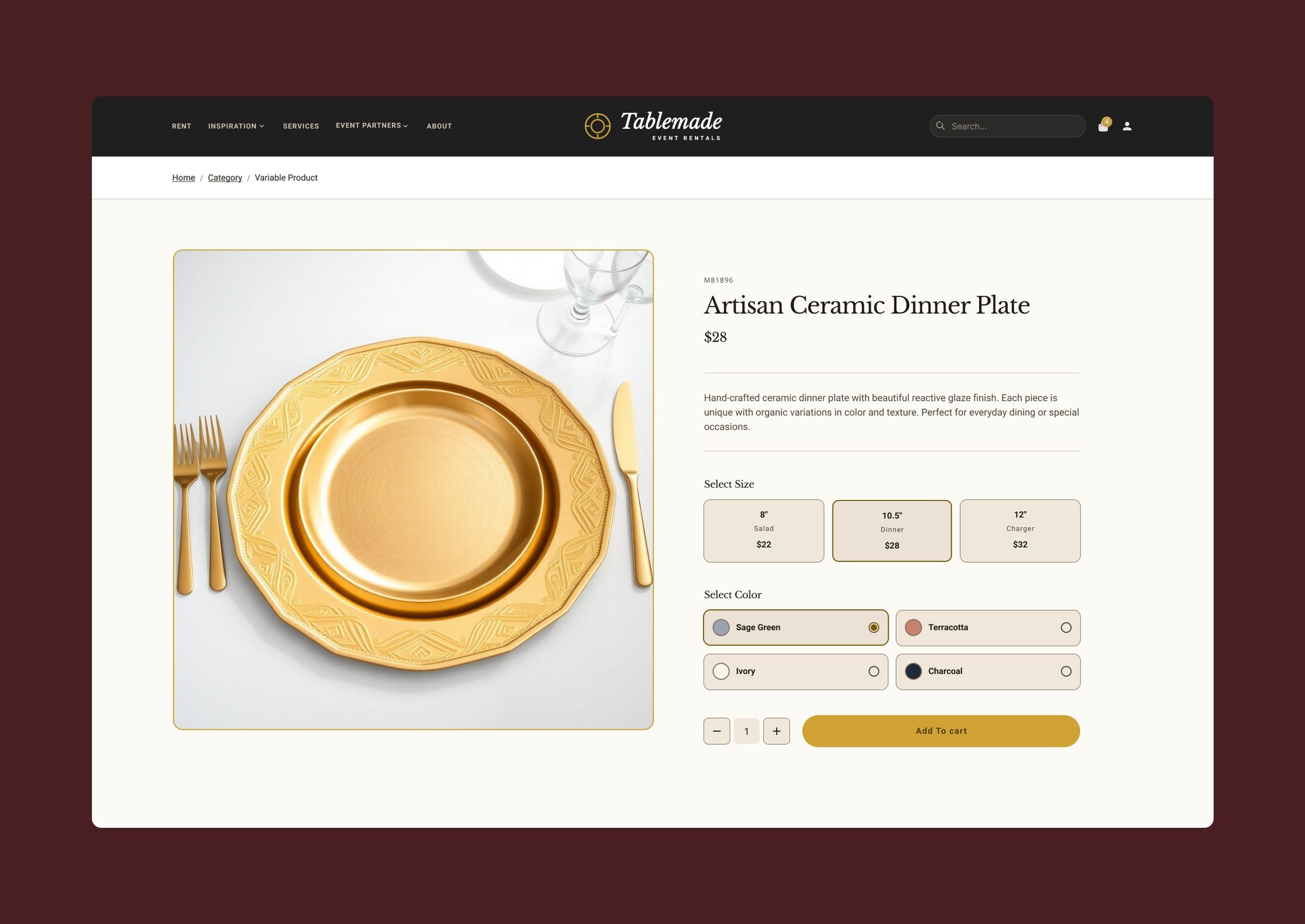 Plate product page with gallery, size selection with a price per size, and colour selection.