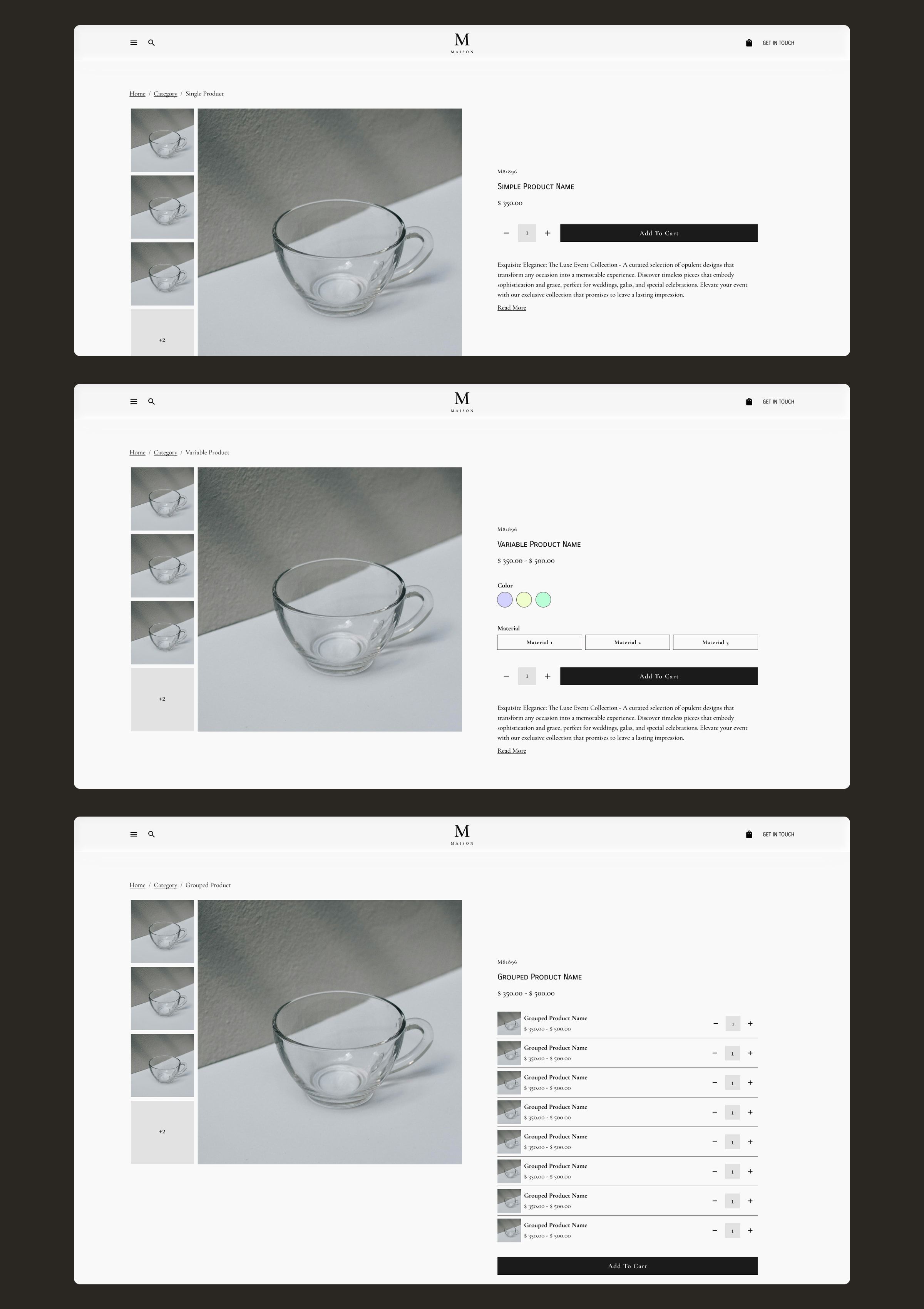 Three product pages: simple, with colour and material variants, and grouped with several pieces and their quantities.