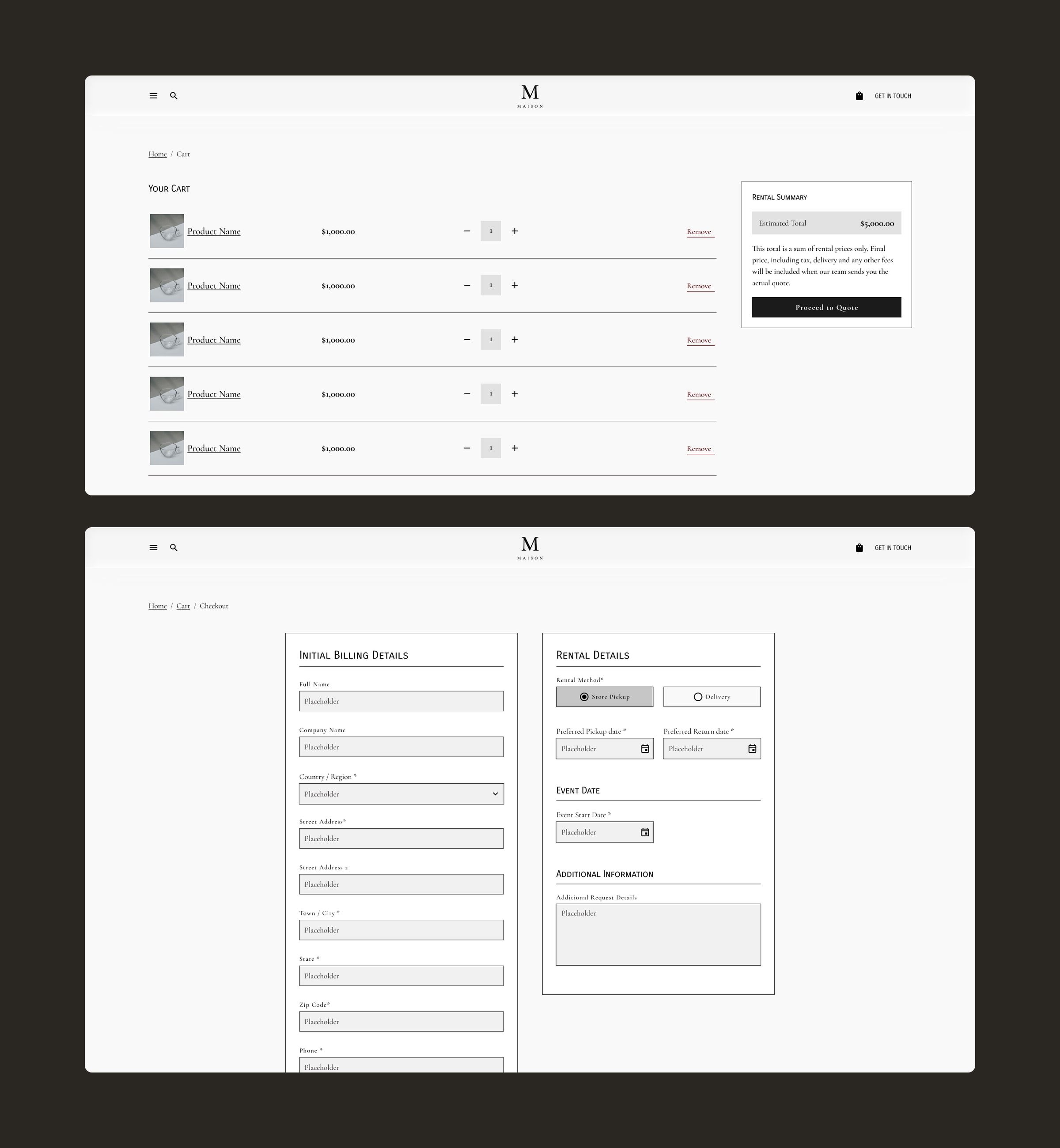 Cart with rental summary and quote request button, and checkout with billing details and rental details.