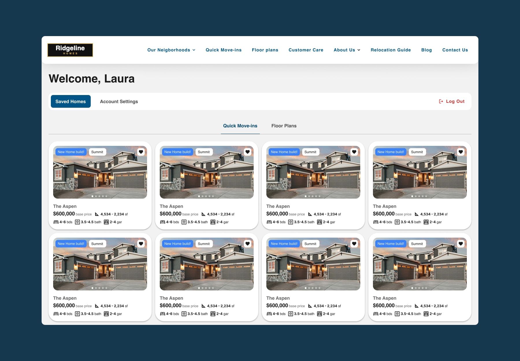 Account page with saved favourites, split into move-in ready homes and plans.
