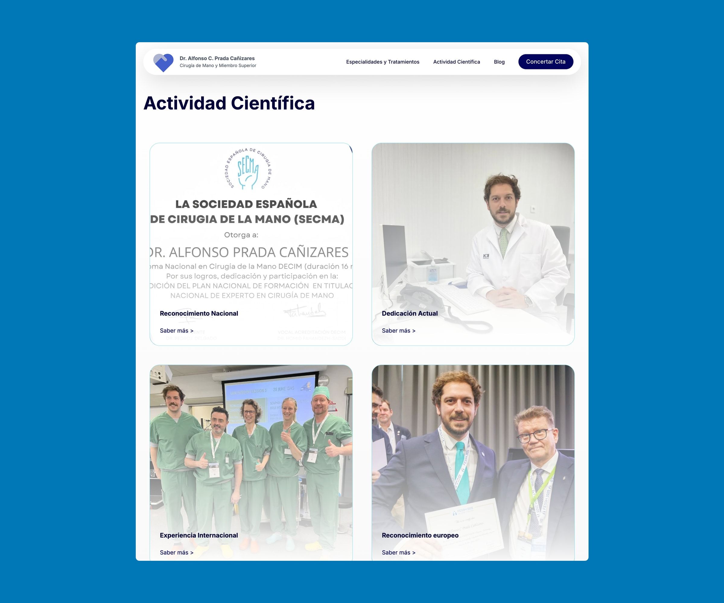 Scientific activity page: cards with a diploma from the Spanish Society for Surgery of the Hand, the doctor in his office, an international surgical team and a European award ceremony.