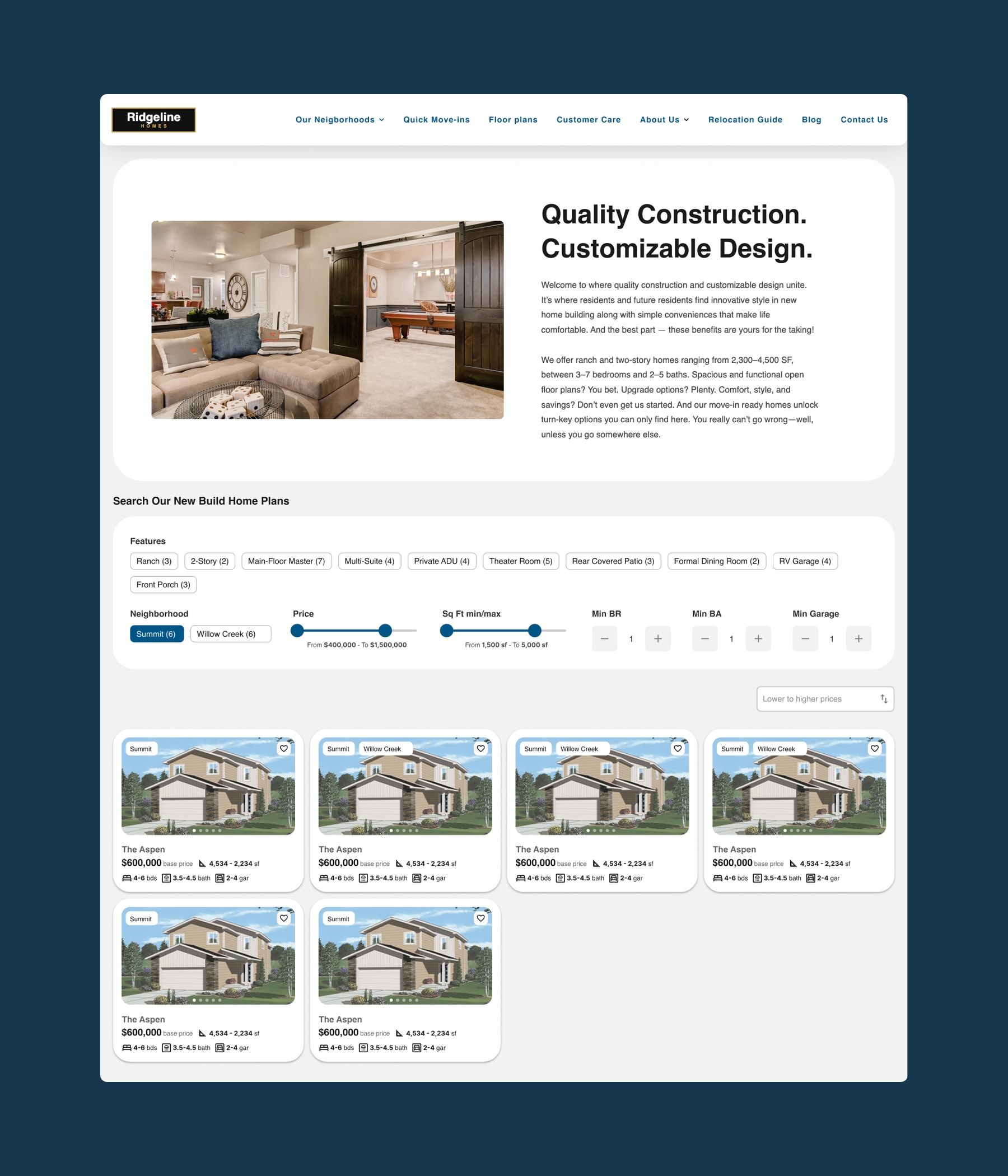 Plan search with filters for features, neighbourhood, price range, square footage, and minimum bedrooms, bathrooms and garage spaces, plus a results grid.