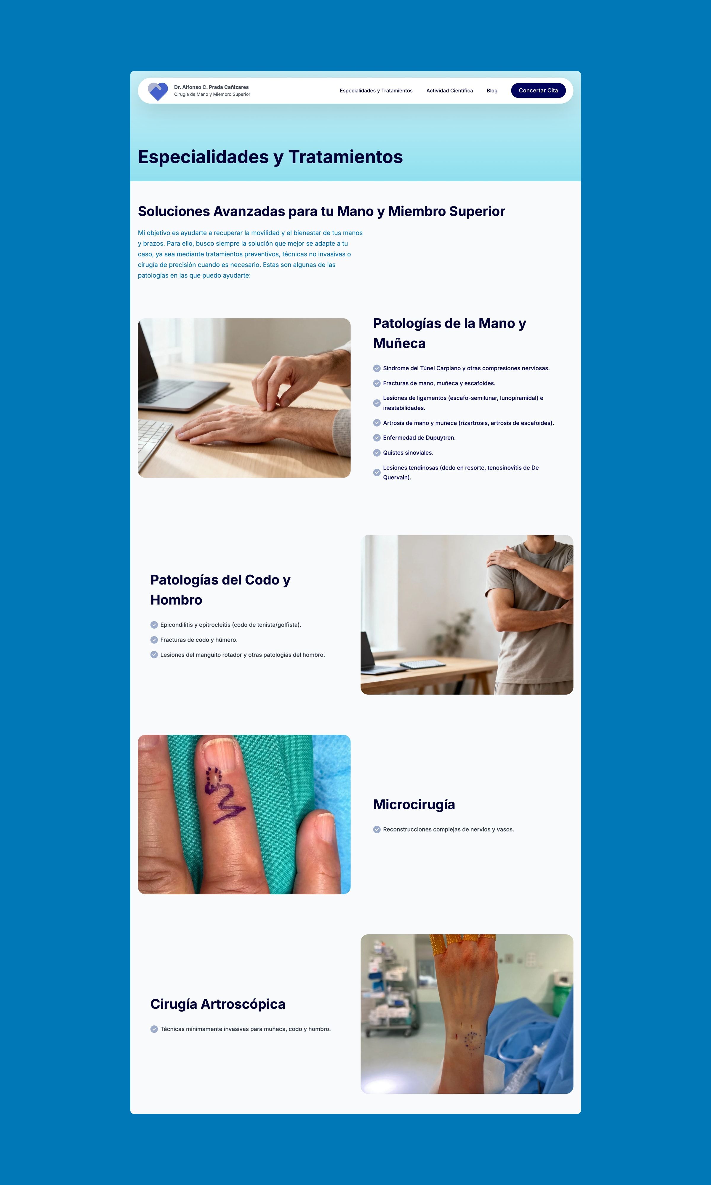 Specialties and treatments page: alternating photo blocks and lists of conditions for hand and wrist, elbow and shoulder, microsurgery and arthroscopic surgery.