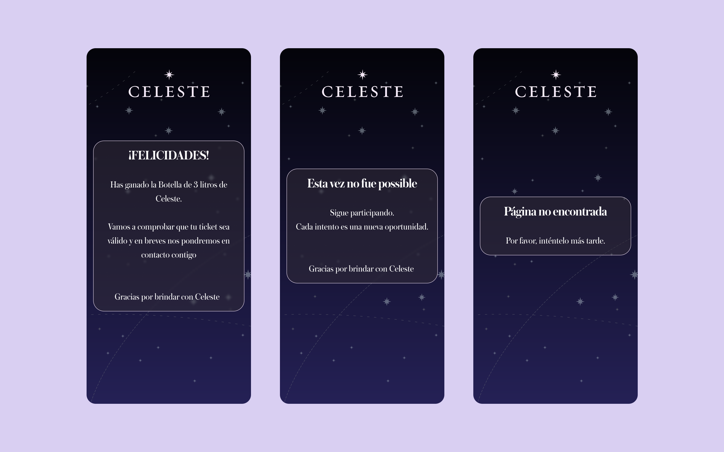 Winner, no-prize and 404 error screens sharing the same visual style.
