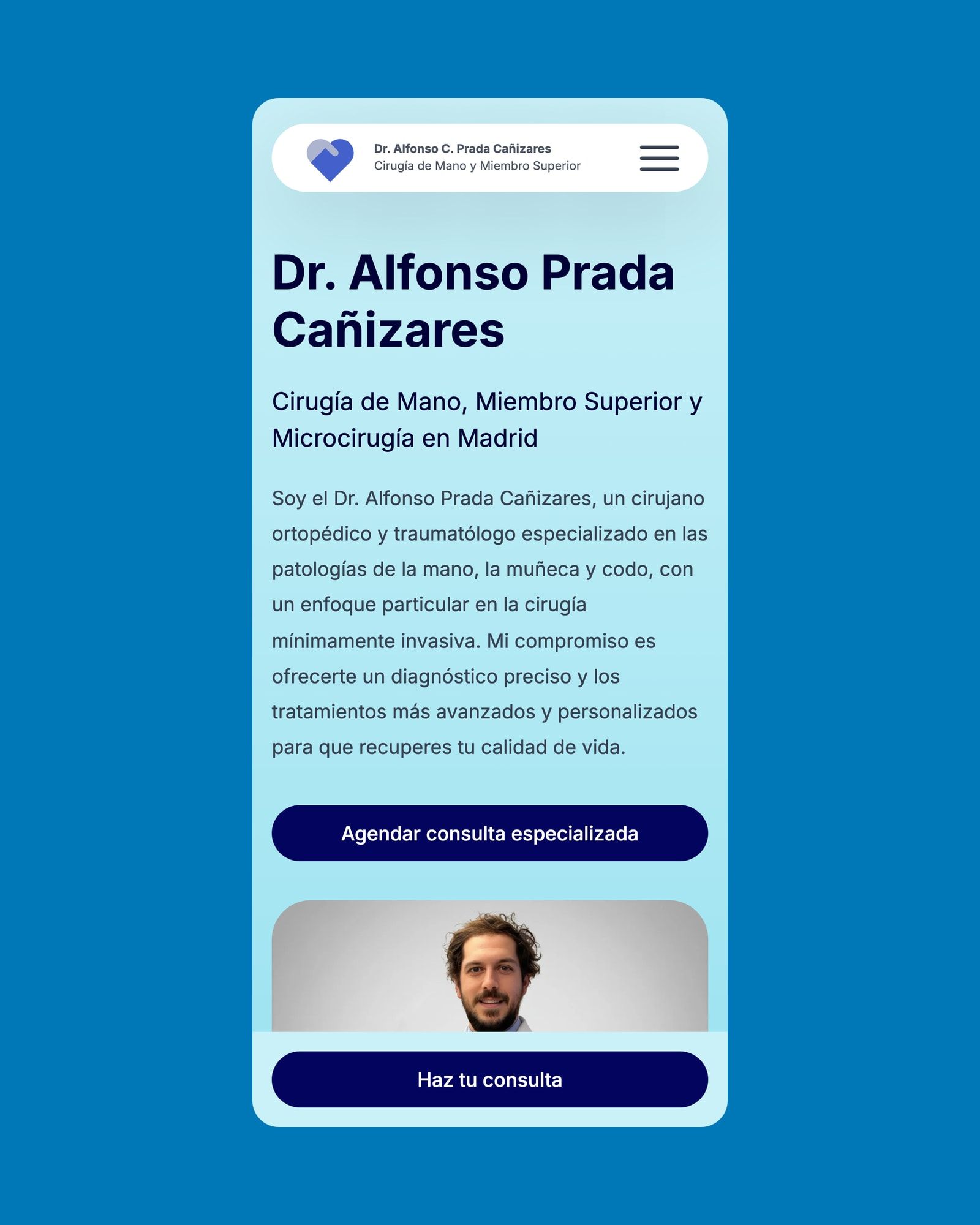 Dr. Alfonso Prada's home page on desktop and mobile: light blue background, portrait of the doctor in a white coat and logos of hospitals and medical societies.