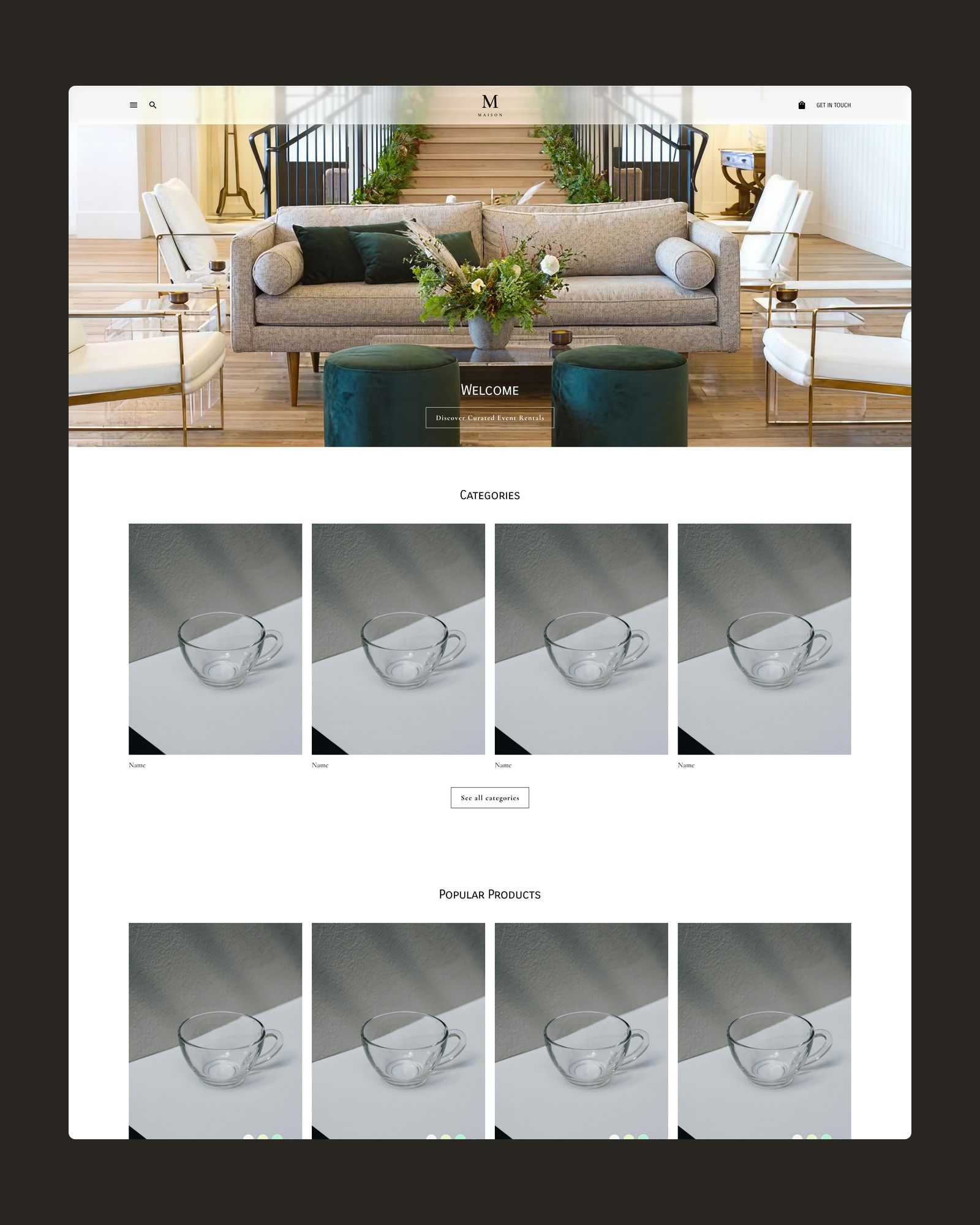 Store home page on desktop and mobile: photo of an event lounge with a sofa, armchairs and velvet poufs, with the category entry points below.